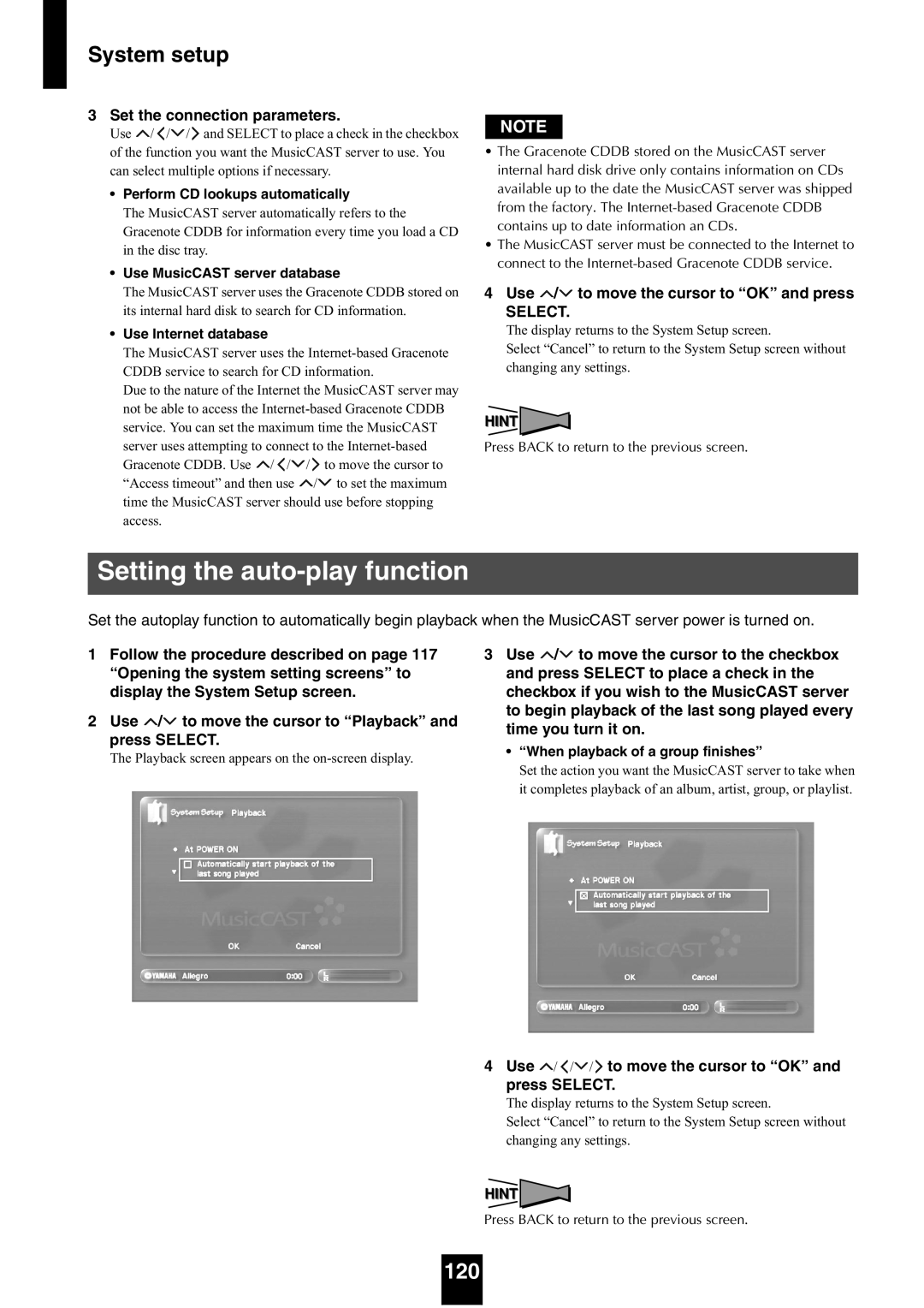 Yamaha mcx-1000 manual Setting the auto-play function, 120, Set the connection parameters 