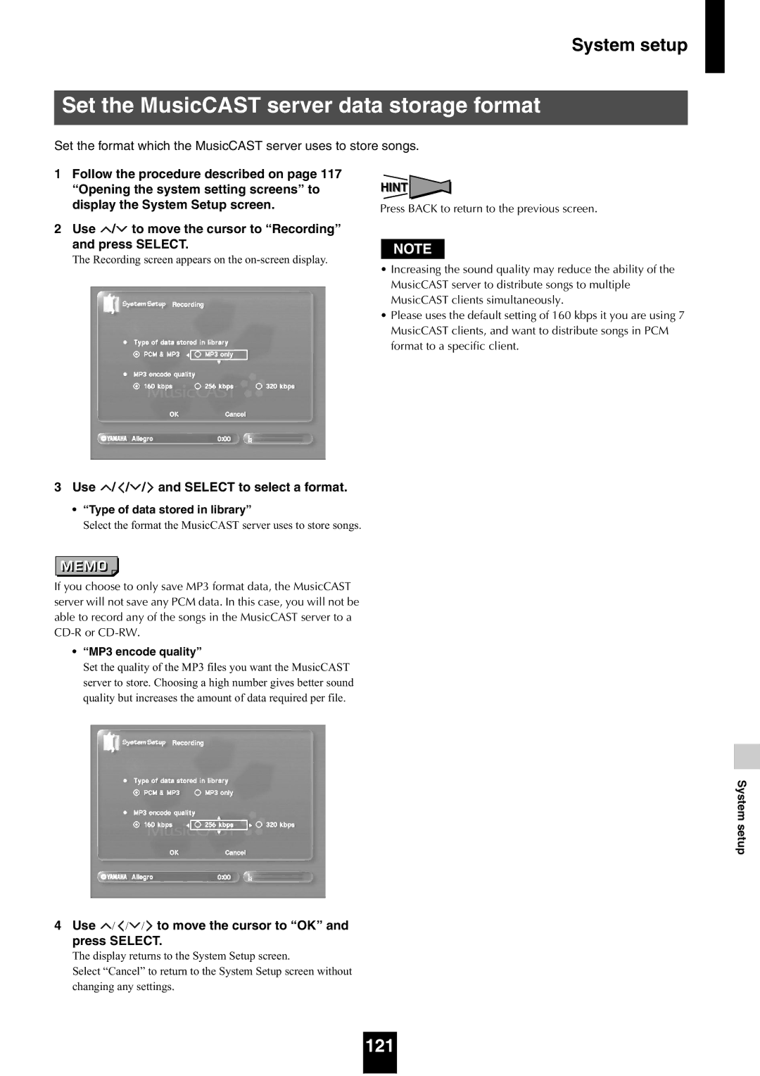 Yamaha mcx-1000 manual Set the MusicCAST server data storage format, 121, Use / / / and Select to select a format 