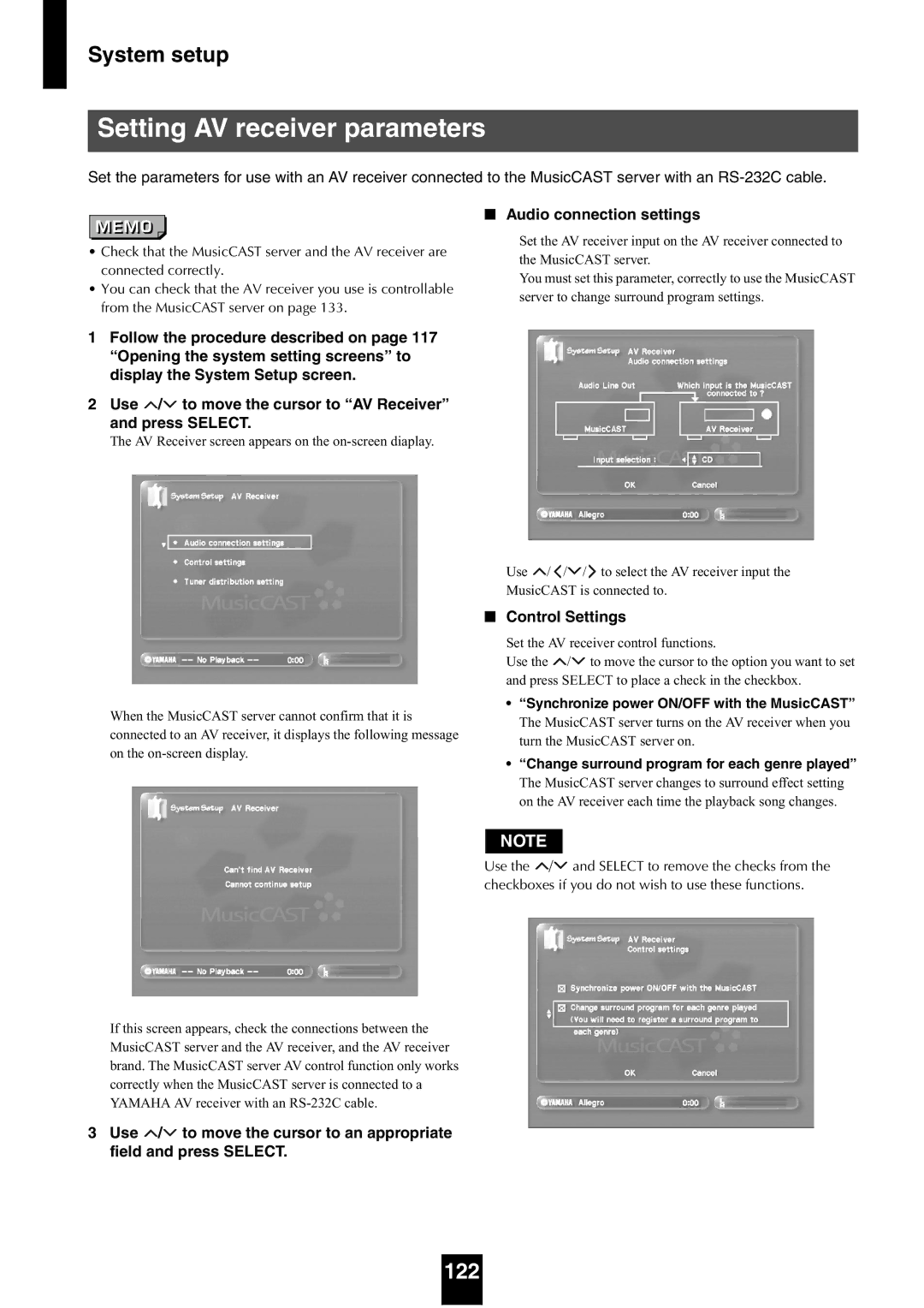 Yamaha mcx-1000 manual Setting AV receiver parameters, 122, Audio connection settings, Control Settings 