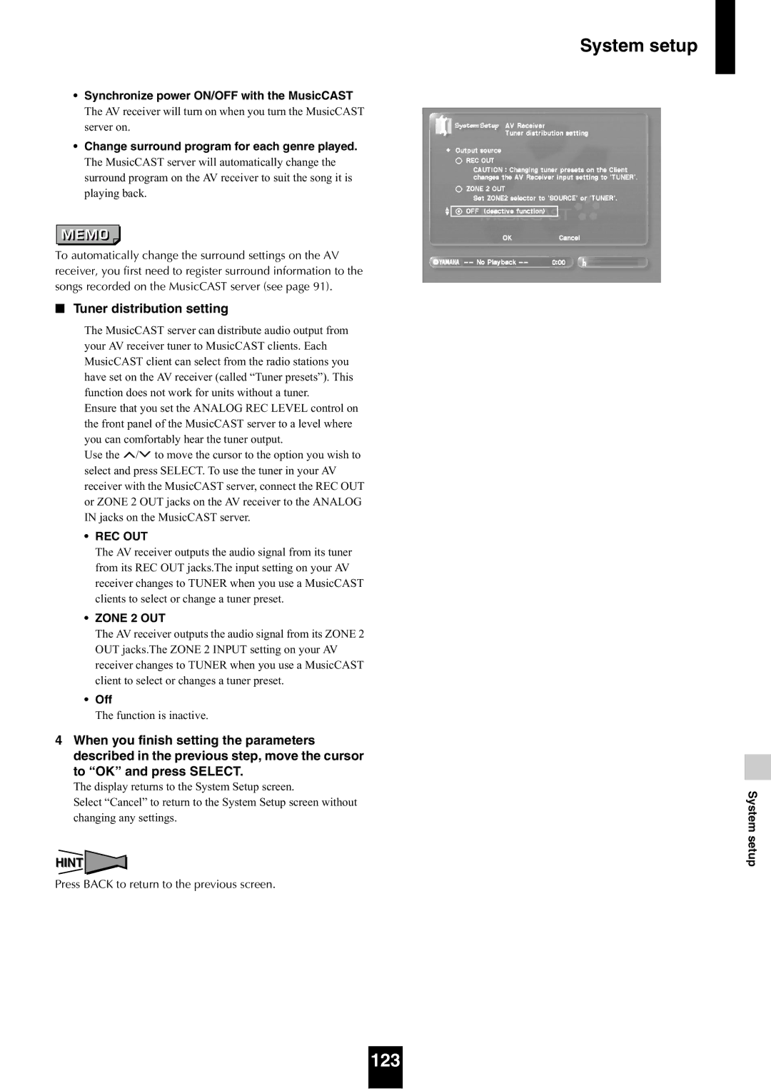 Yamaha mcx-1000 manual 123, Tuner distribution setting, Off 