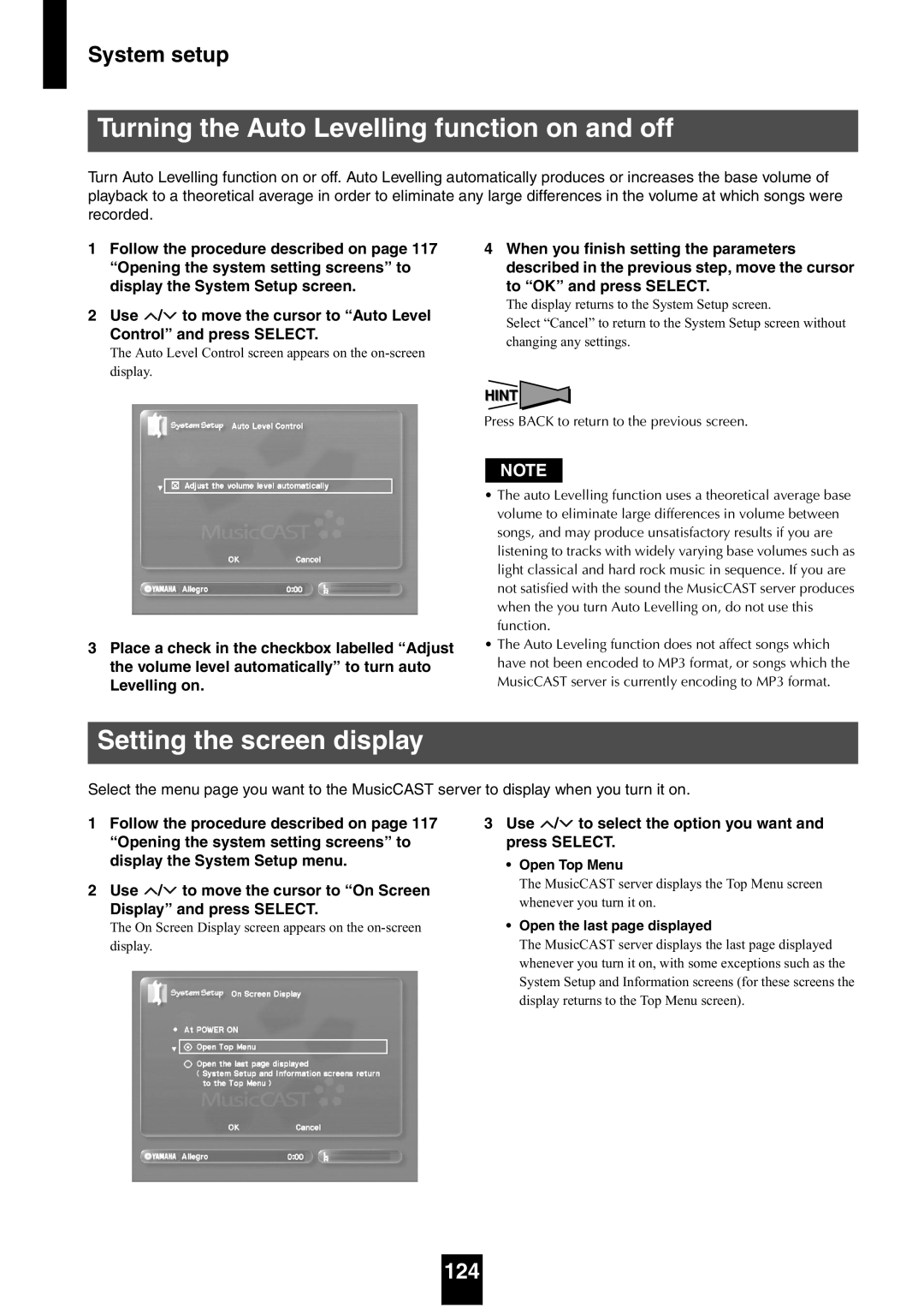 Yamaha mcx-1000 manual Turning the Auto Levelling function on and off, Setting the screen display, 124 