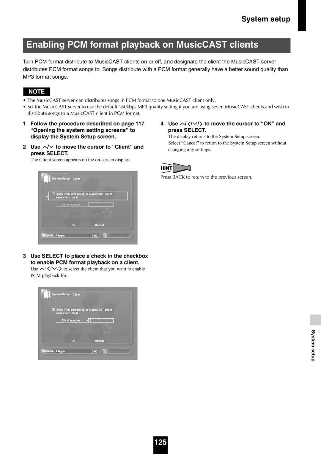 Yamaha mcx-1000 manual Enabling PCM format playback on MusicCAST clients, 125 