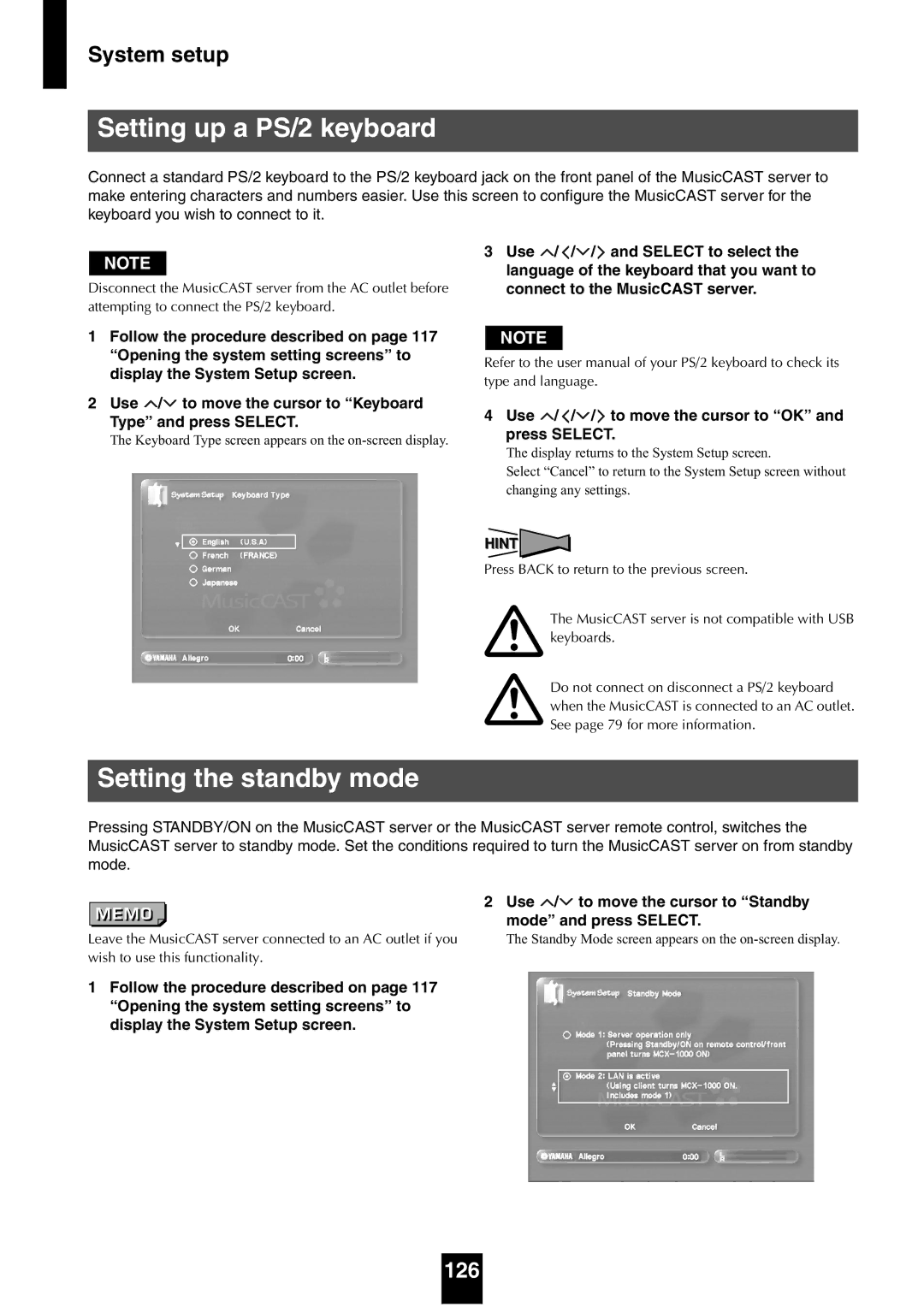 Yamaha mcx-1000 manual Setting up a PS/2 keyboard, Setting the standby mode, 126, Use / to move the cursor to Standby 