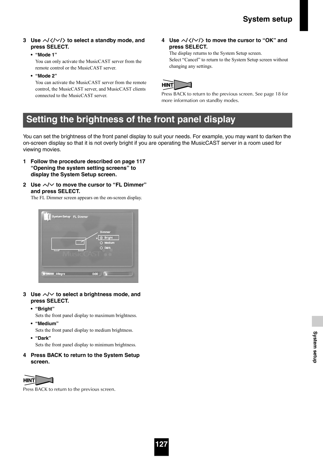 Yamaha mcx-1000 Setting the brightness of the front panel display, 127, Press Back to return to the System Setup screen 