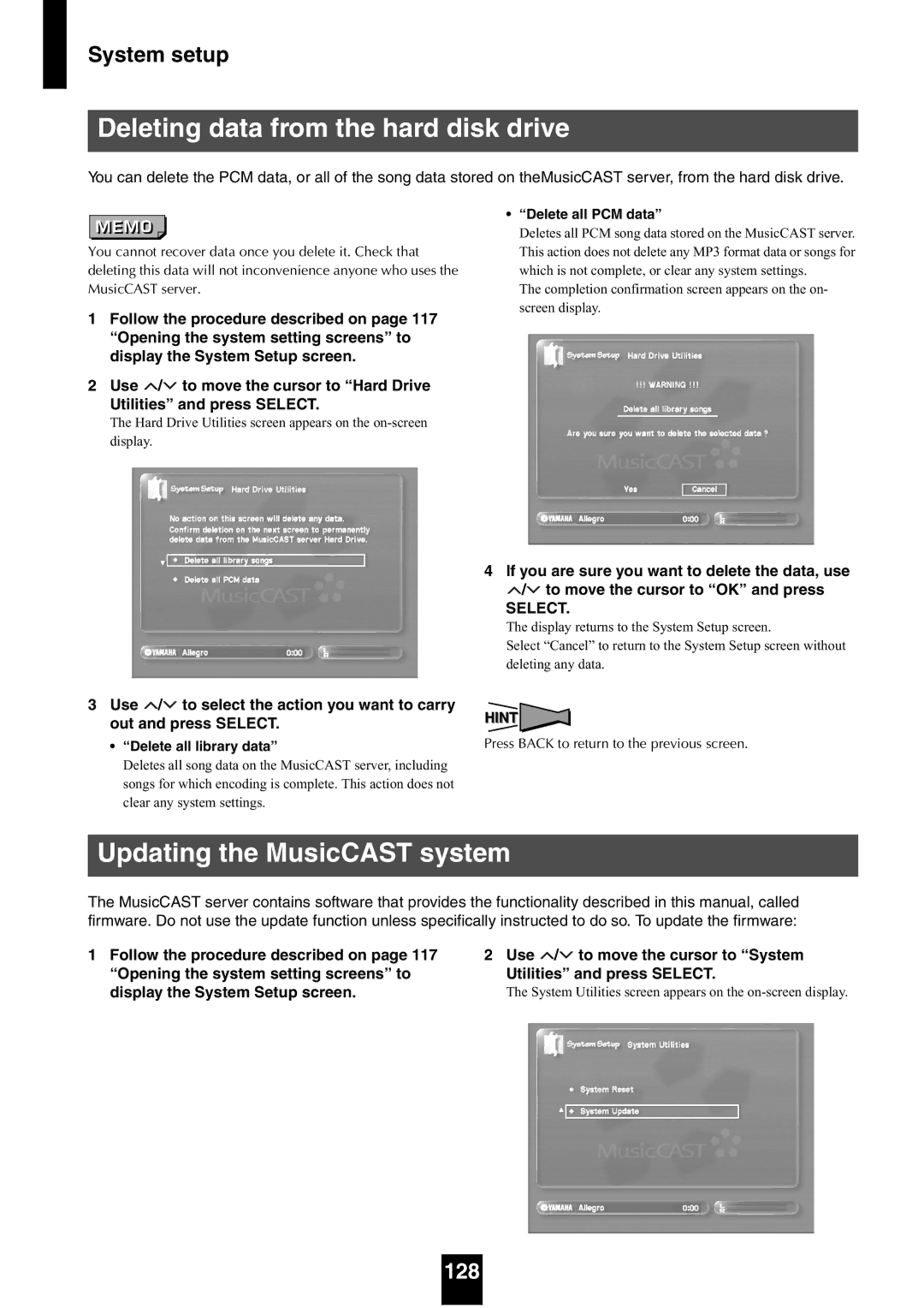 Yamaha mcx-1000 manual Deleting data from the hard disk drive, Updating the MusicCAST system, 128, Delete all PCM data 
