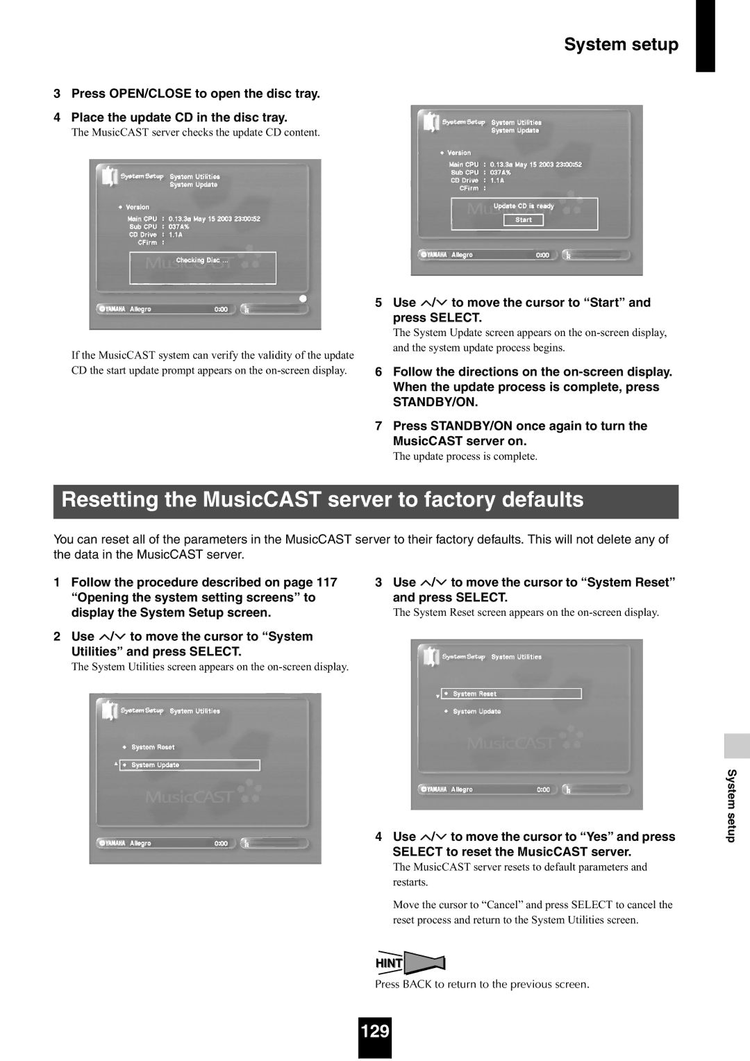 Yamaha mcx-1000 manual Resetting the MusicCAST server to factory defaults, 129 