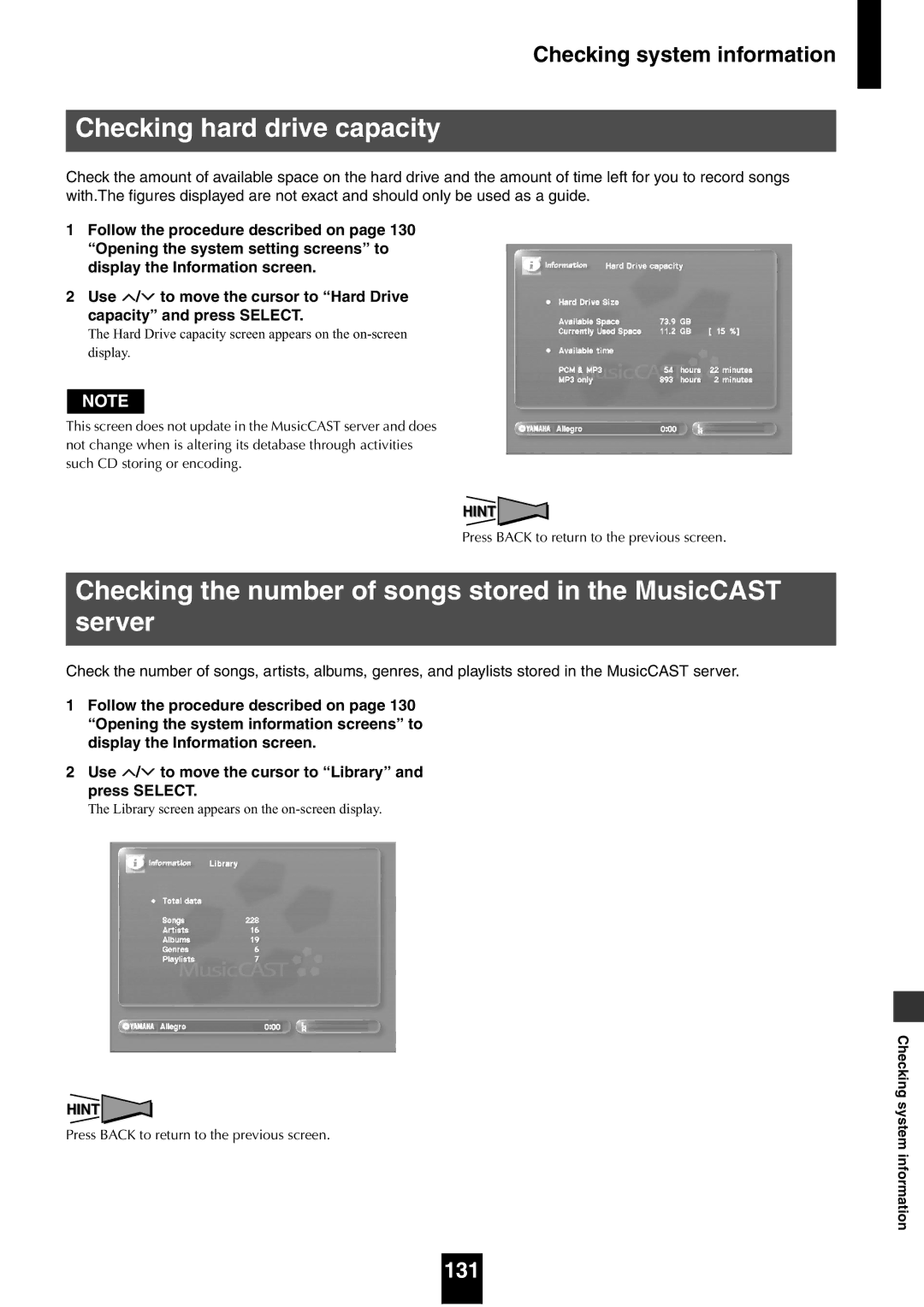 Yamaha mcx-1000 manual Checking hard drive capacity, Checking the number of songs stored in the MusicCAST server, 131 