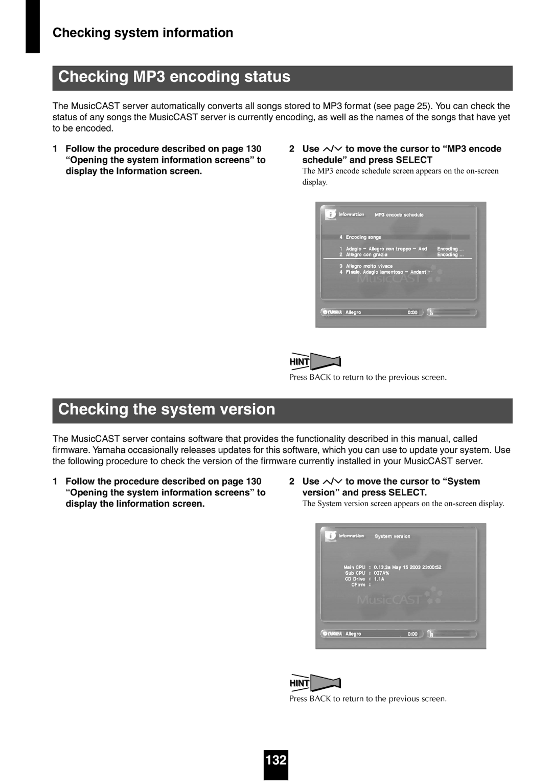 Yamaha mcx-1000 manual Checking MP3 encoding status, Checking the system version, 132 