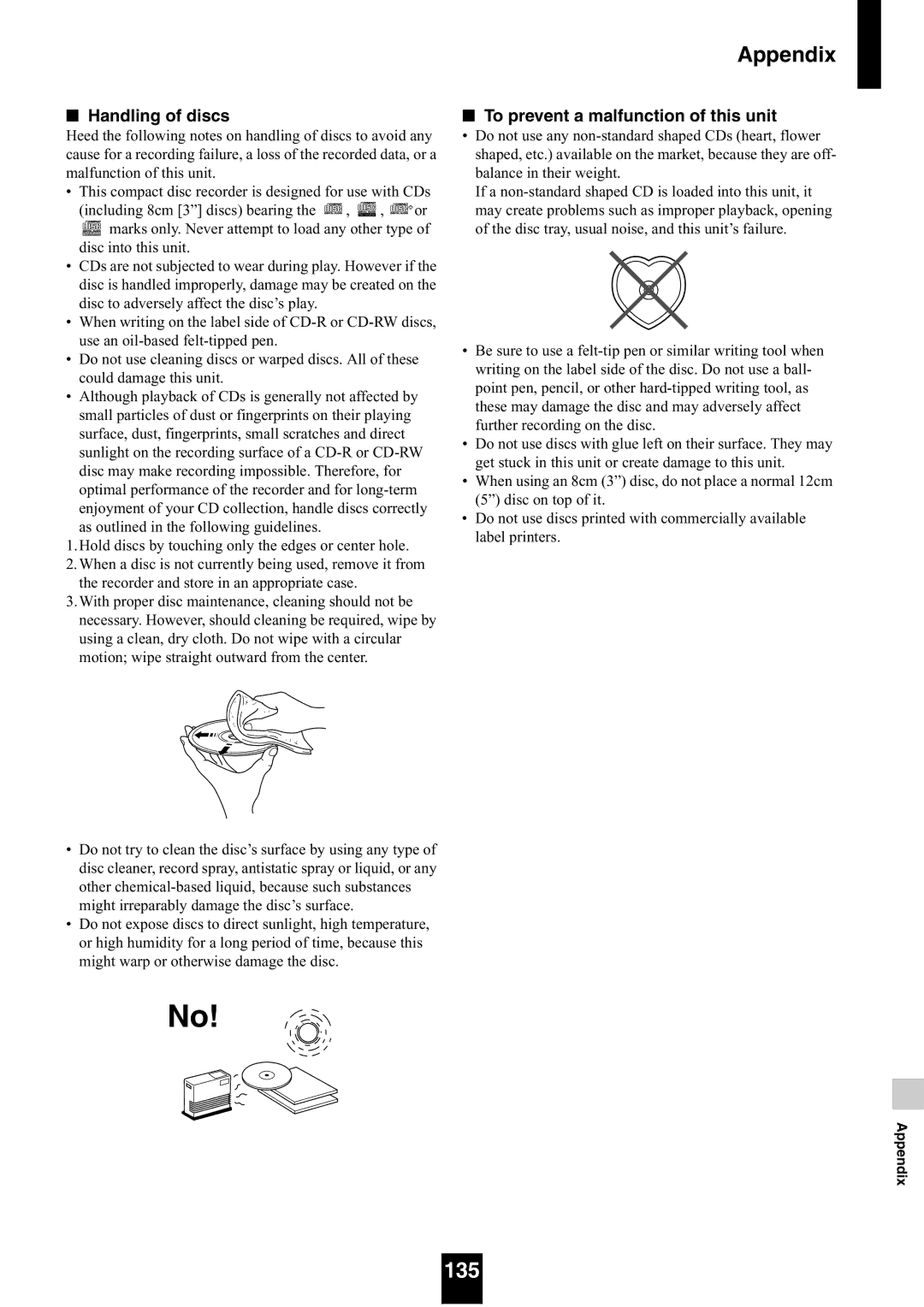 Yamaha mcx-1000 manual Appendix, 135, Handling of discs, To prevent a malfunction of this unit 