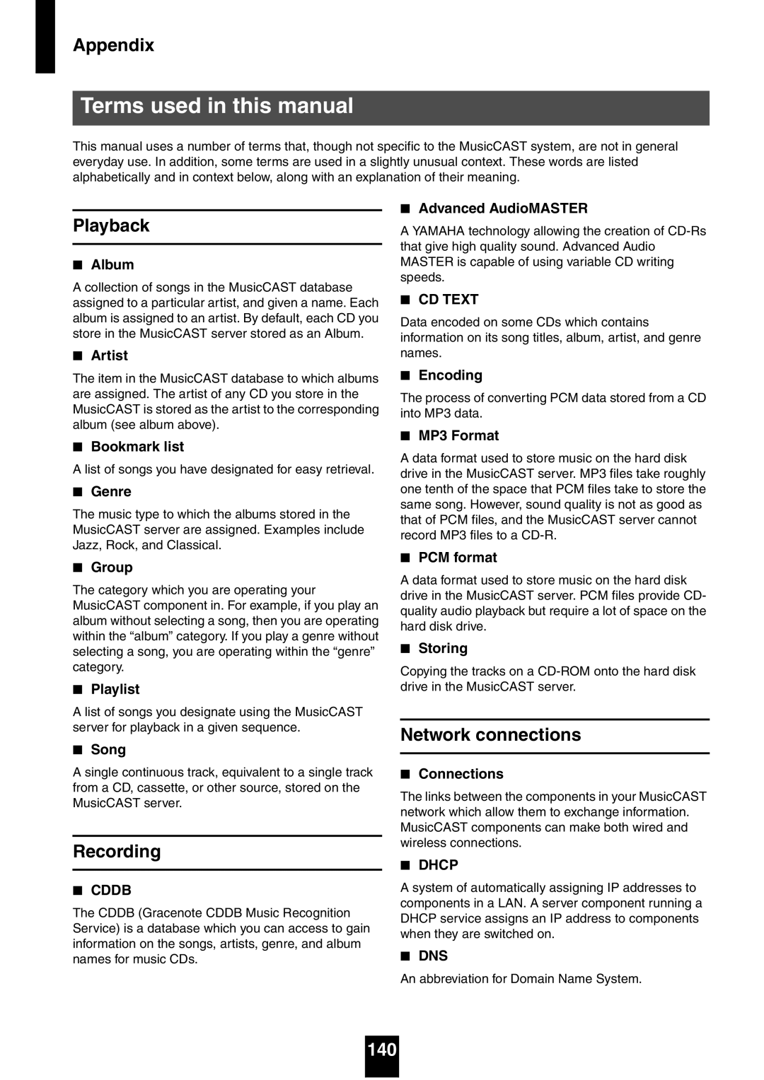 Yamaha mcx-1000 Terms used in this manual, Network connections, 140 