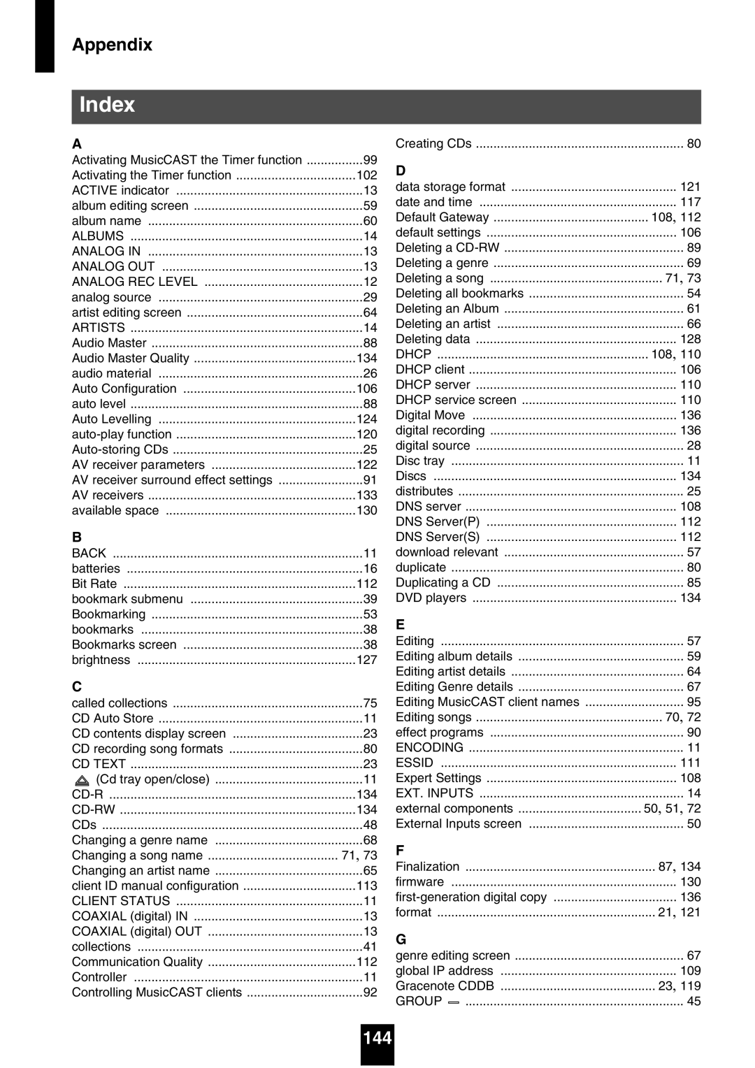 Yamaha mcx-1000 manual Index, 144 