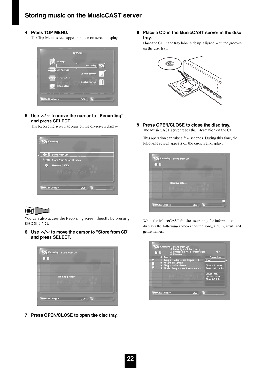 Yamaha mcx-1000 manual Storing music on the MusicCAST server, Press TOP Menu, Press OPEN/CLOSE to close the disc tray 