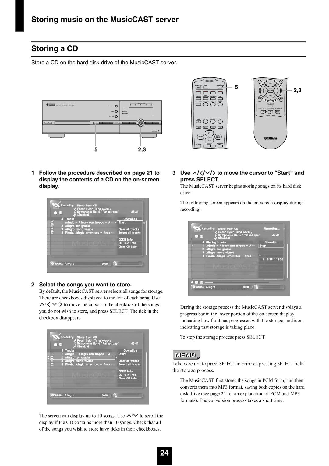 Yamaha mcx-1000 Storing music on the MusicCAST server Storing a CD, Use / / / to move the cursor to Start and press Select 