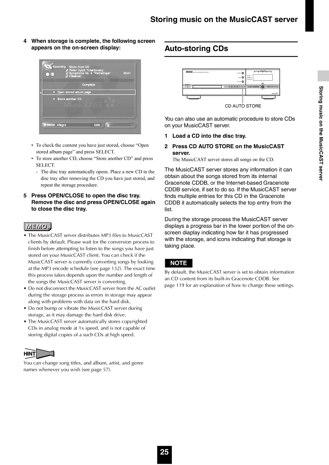 Yamaha mcx-1000 manual Auto-storing CDs, When storage is complete, the following screen, Appears on the on-screen display 