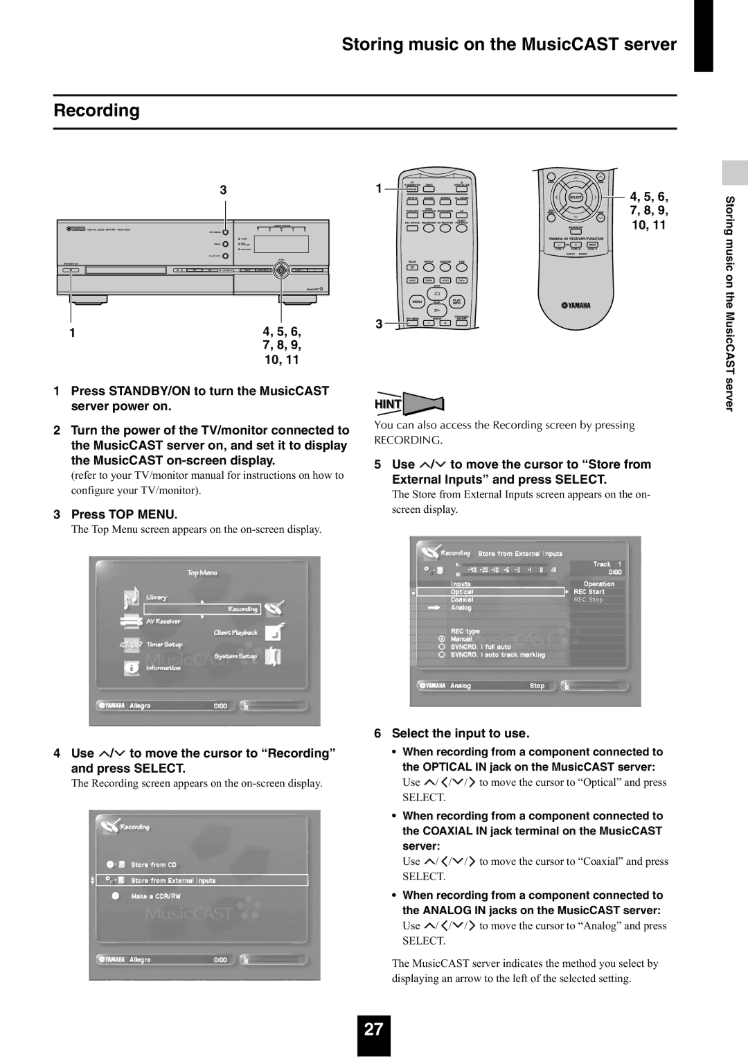 Yamaha mcx-1000 manual Storing music on the MusicCAST server Recording, Select the input to use, Server 