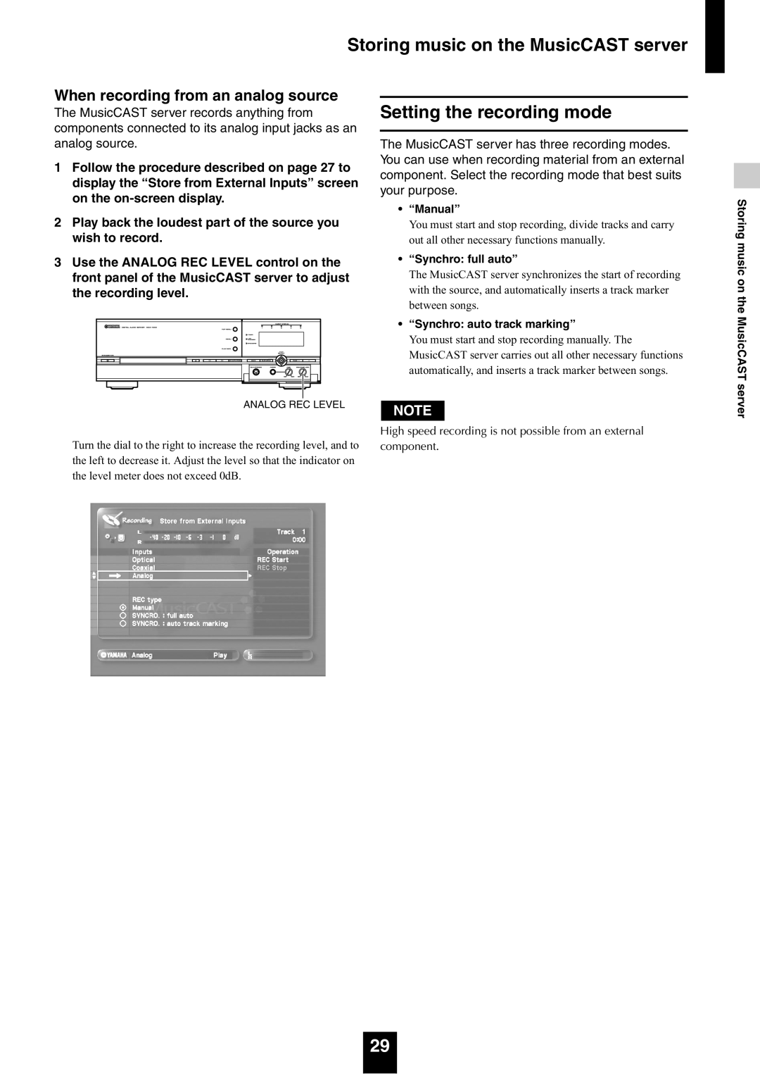 Yamaha mcx-1000 manual Setting the recording mode, Manual, Synchro full auto, Synchro auto track marking 