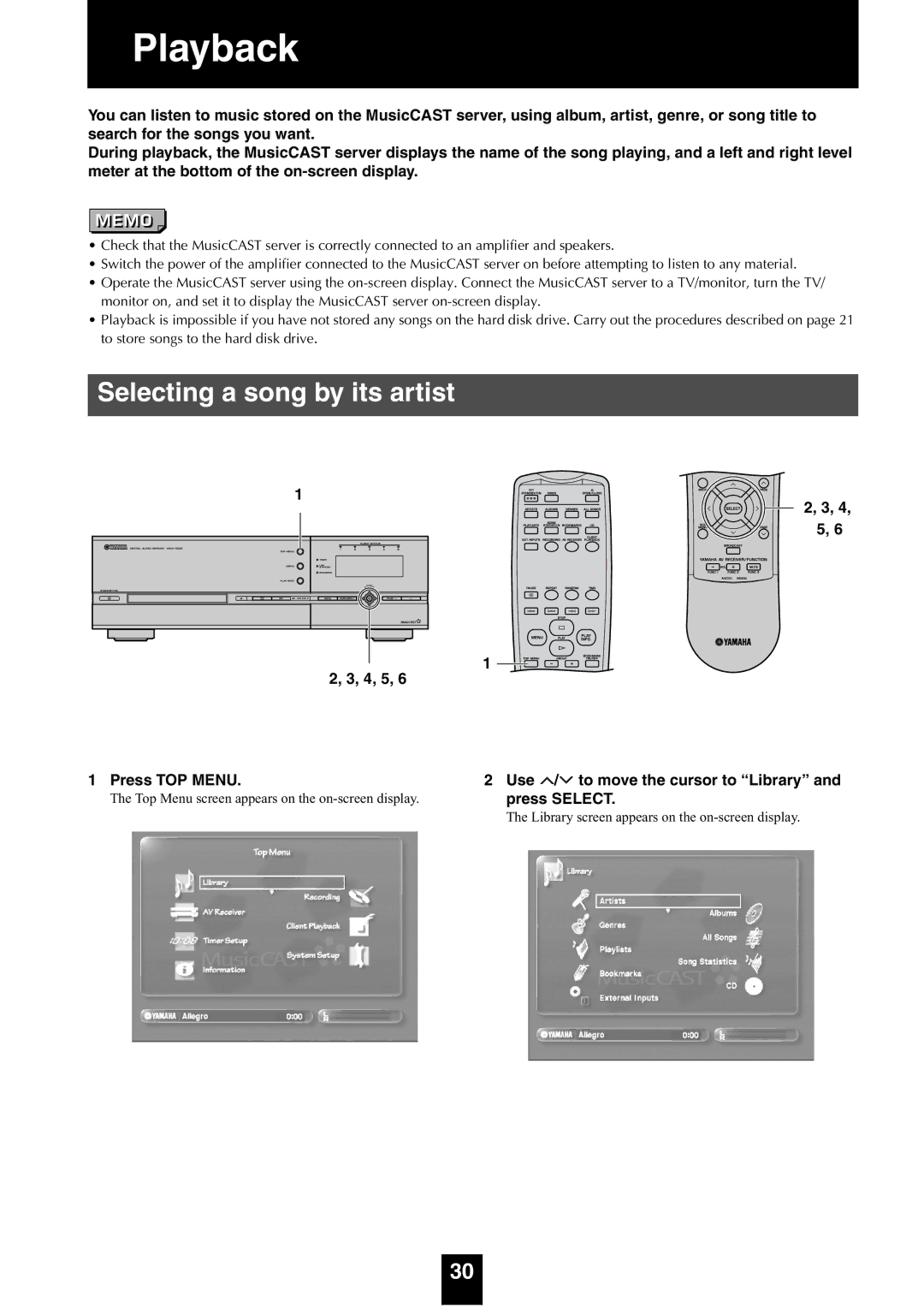 Yamaha mcx-1000 Selecting a song by its artist, 4, 5 Press TOP Menu Use / to move the cursor to Library, Press Select 