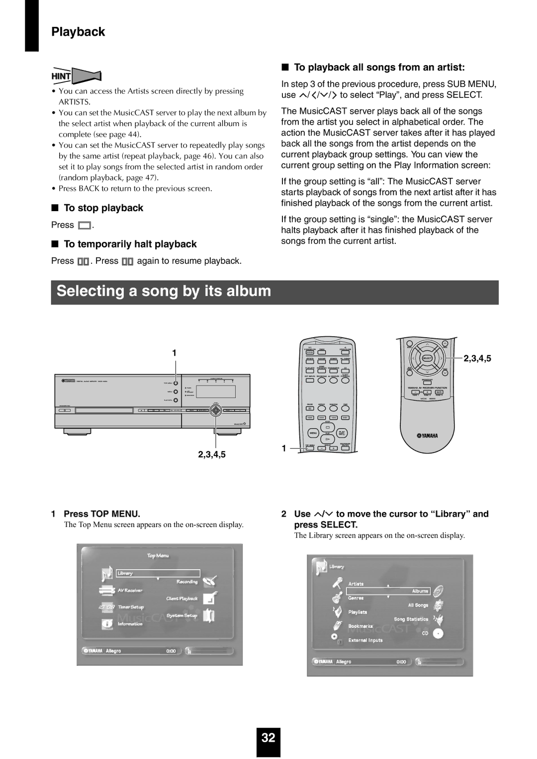 Yamaha mcx-1000 manual Selecting a song by its album, To stop playback, To temporarily halt playback 