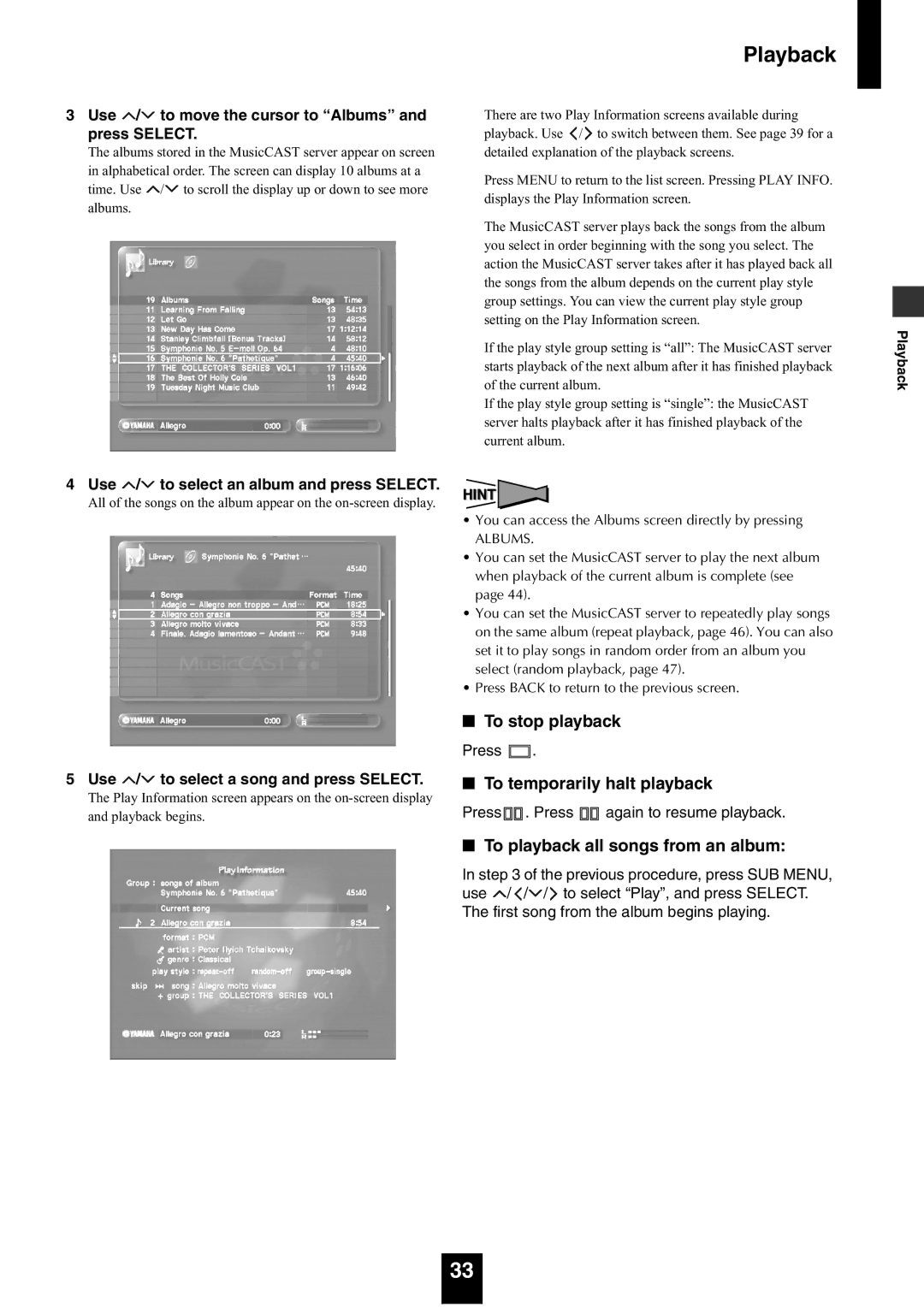 Yamaha mcx-1000 manual To playback all songs from an album, Use / to move the cursor to Albums and press Select 