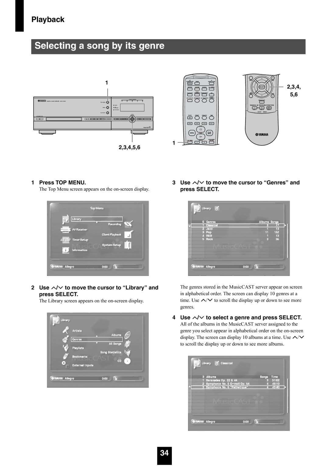 Yamaha mcx-1000 manual Selecting a song by its genre, 4, 5,6 4,5,6 Press TOP Menu, Use / to select a genre and press Select 