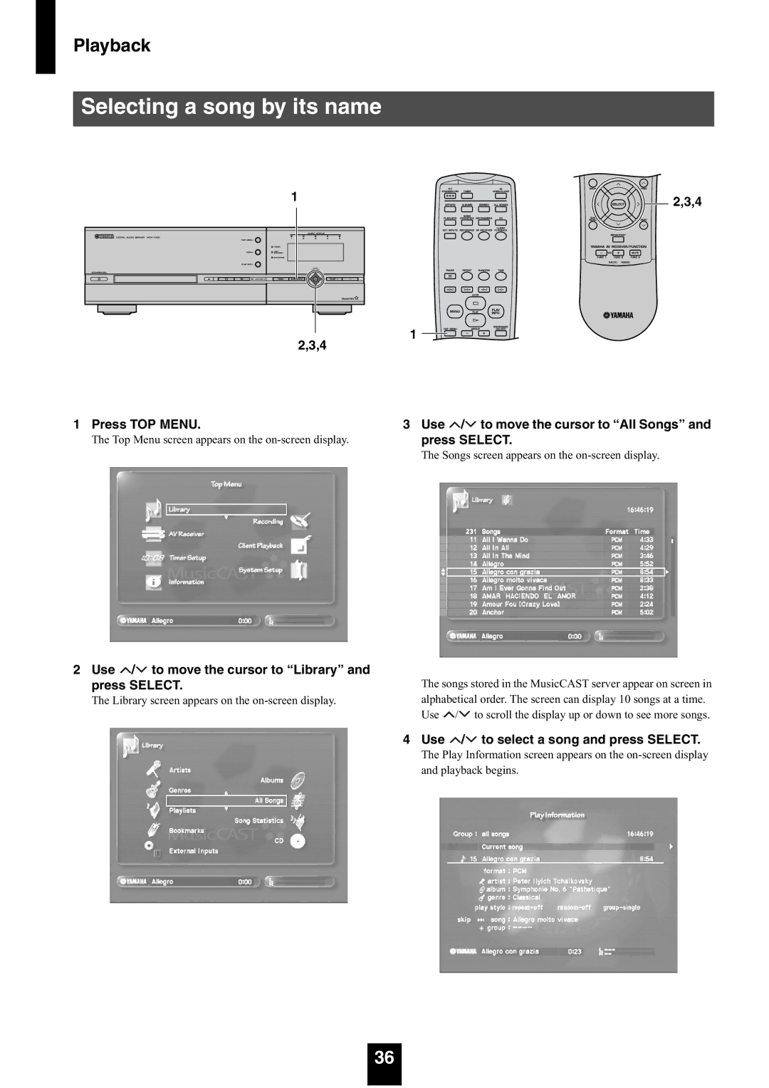 Yamaha mcx-1000 manual Selecting a song by its name, Use / to move the cursor to All Songs and press Select 