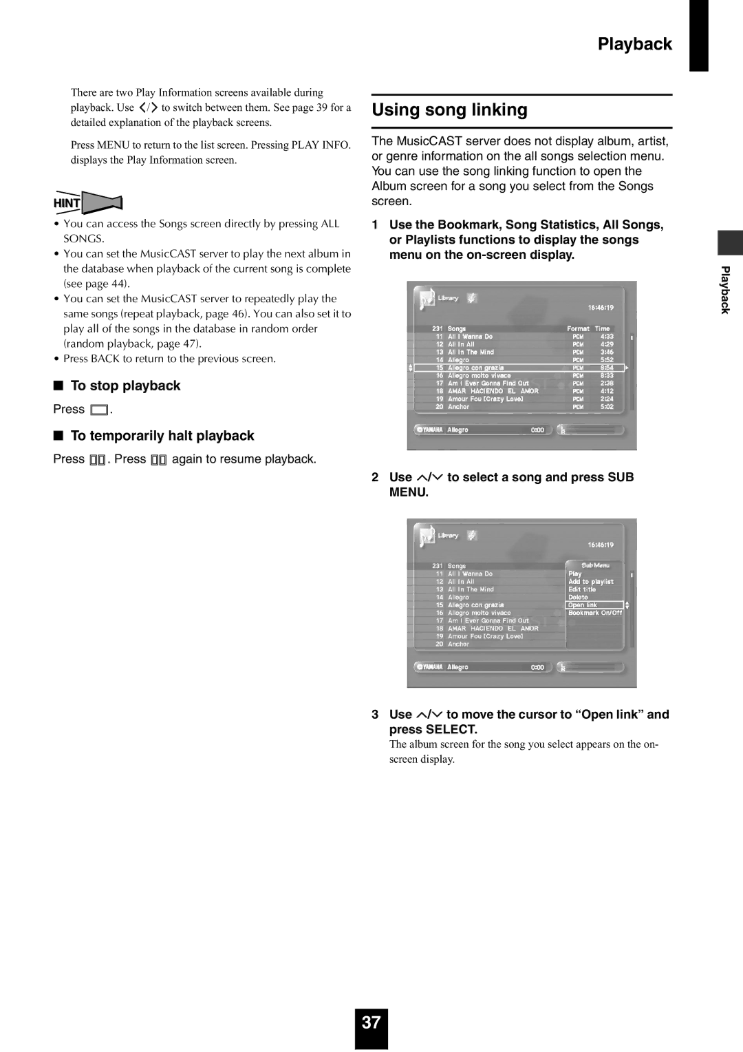 Yamaha mcx-1000 manual Playback Using song linking 