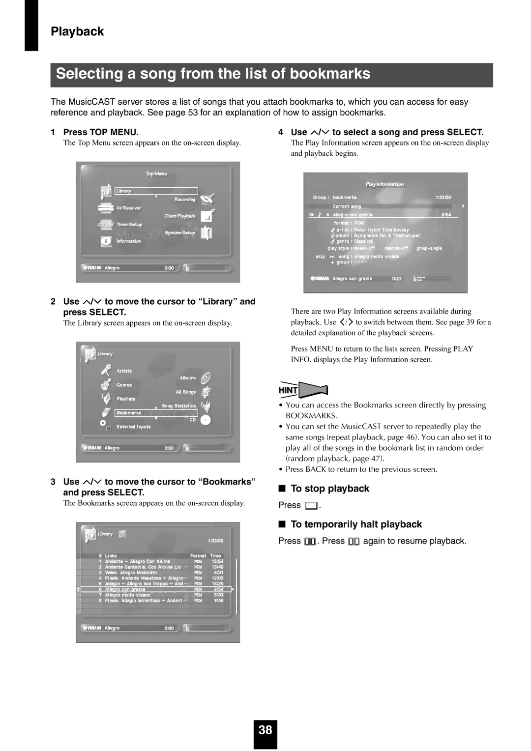 Yamaha mcx-1000 manual Selecting a song from the list of bookmarks, Press TOP Menu Use / to select a song and press Select 