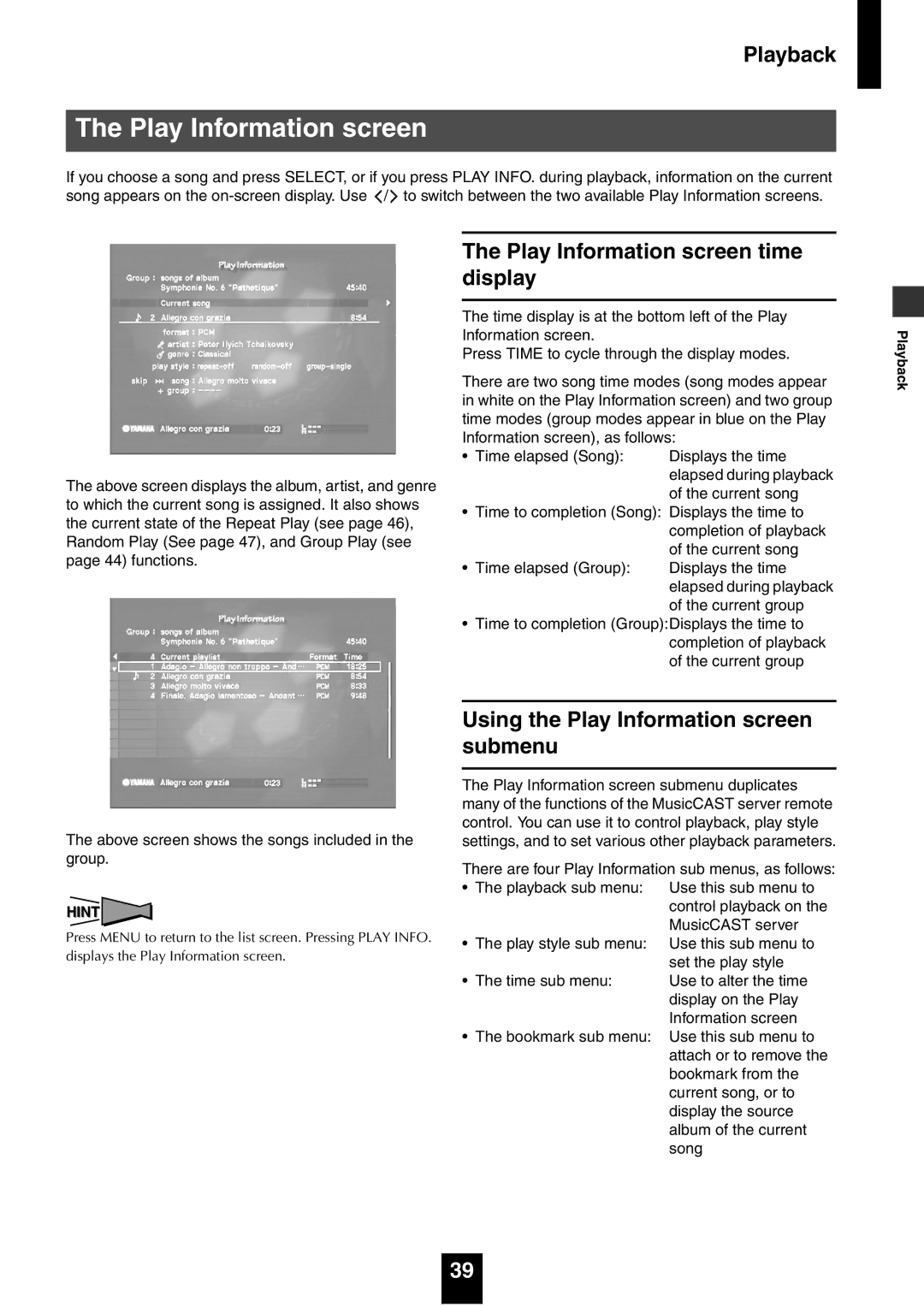 Yamaha mcx-1000 manual Play Information screen time display, Using the Play Information screen submenu 