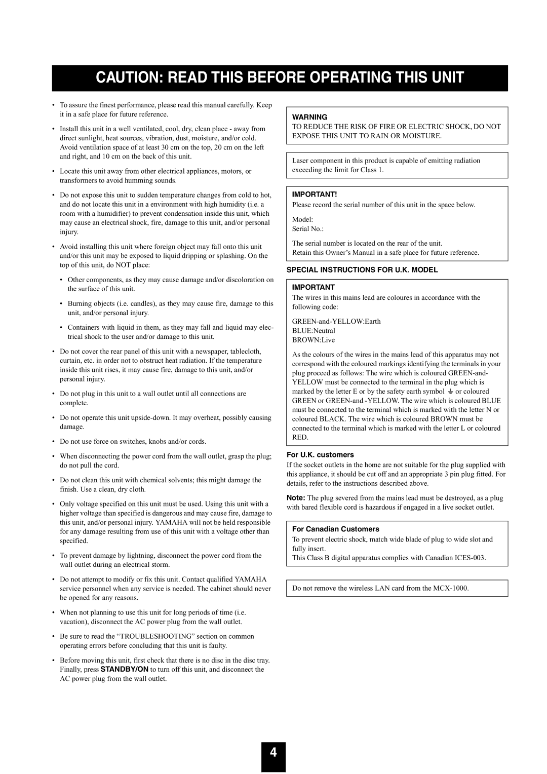 Yamaha mcx-1000 manual Special Instructions for U.K. Model 