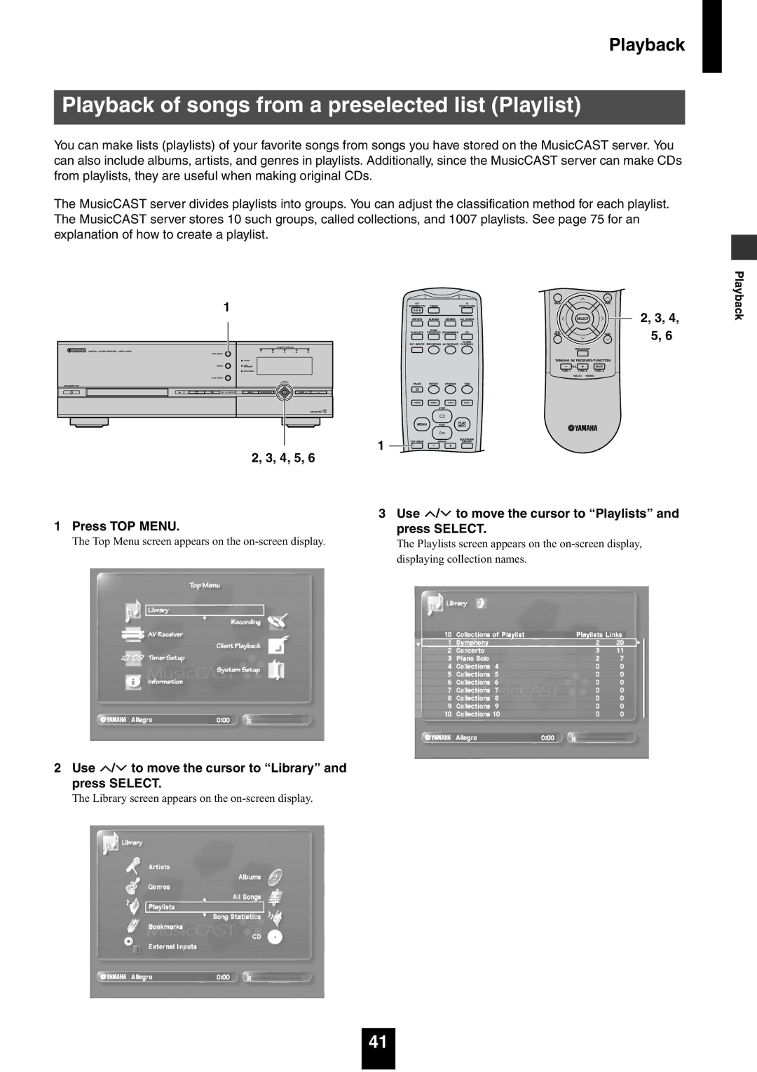 Yamaha mcx-1000 manual Playback of songs from a preselected list Playlist, 4, 5 Press TOP Menu 