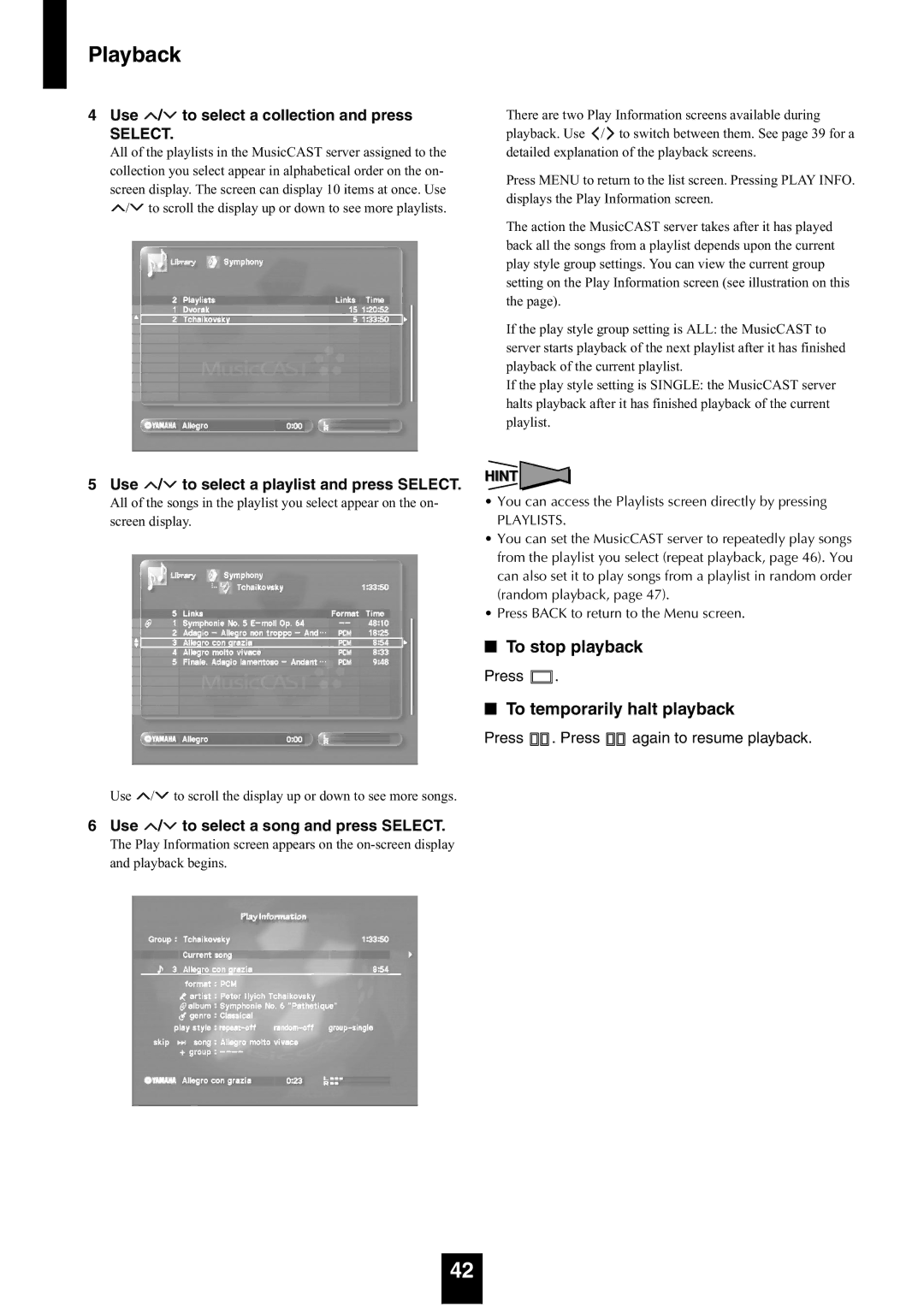 Yamaha mcx-1000 manual Use / to select a collection and press, Use / to select a playlist and press Select 