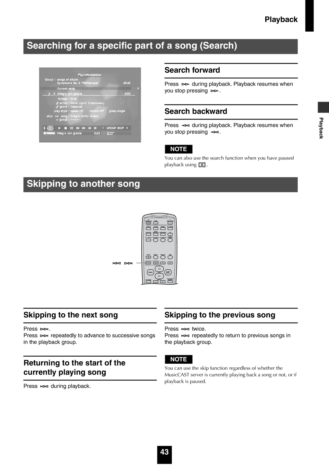 Yamaha mcx-1000 manual Searching for a specific part of a song Search, Skipping to another song 