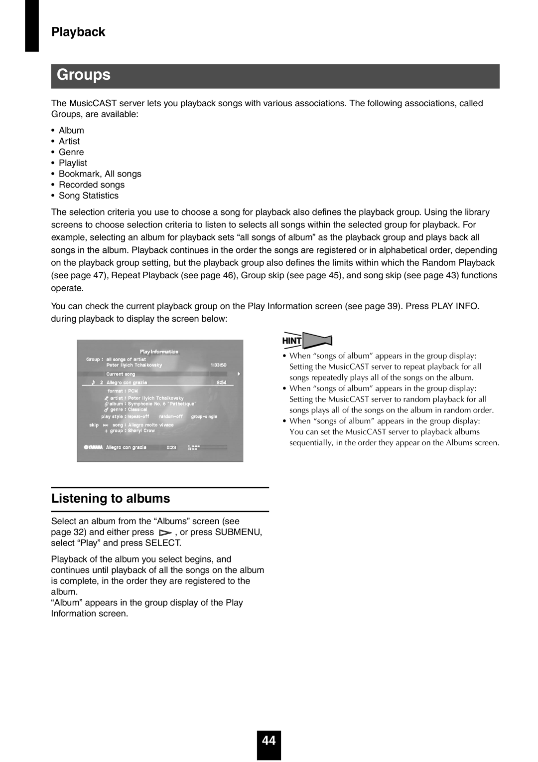 Yamaha mcx-1000 manual Groups, Listening to albums 