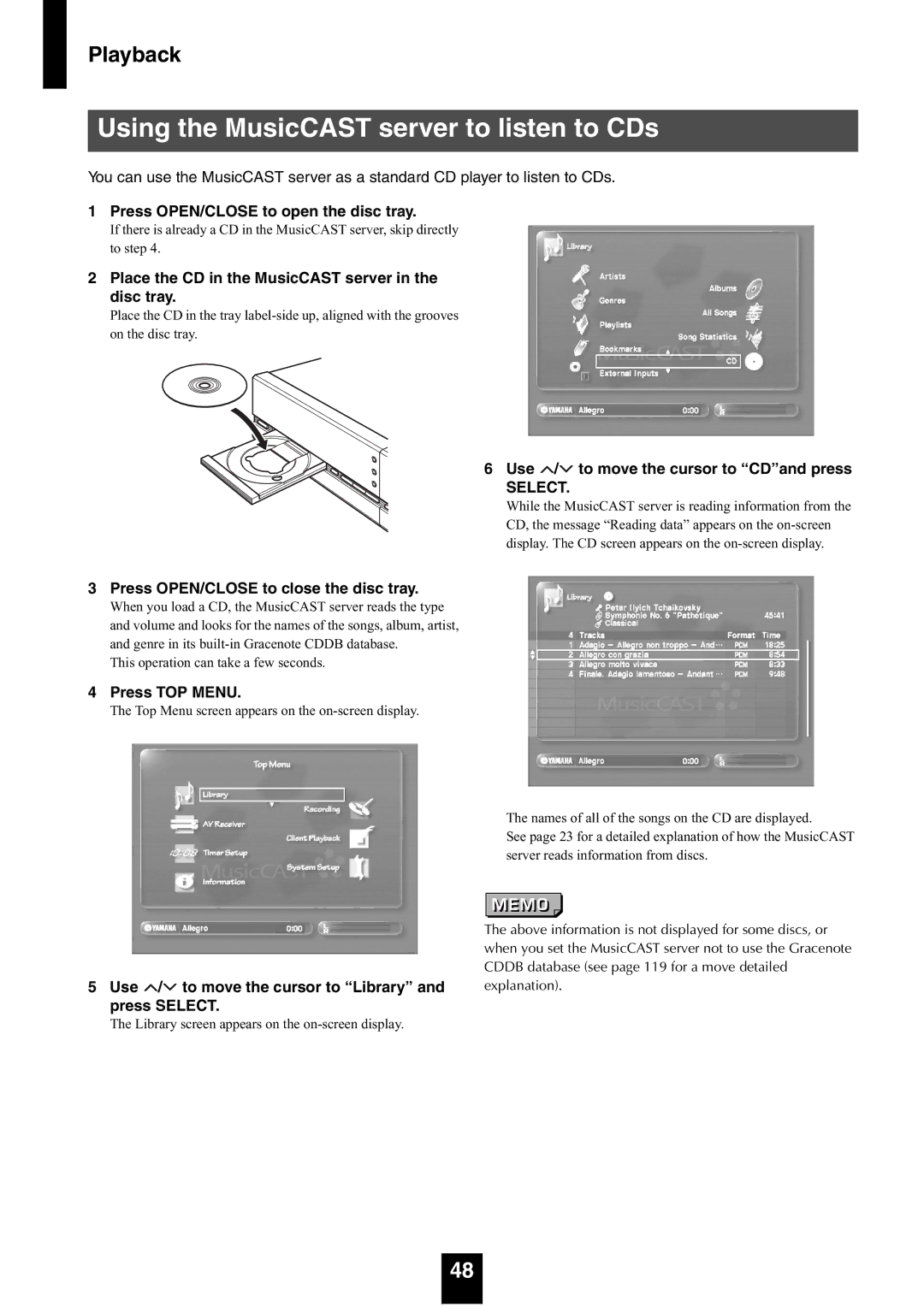 Yamaha mcx-1000 manual Using the MusicCAST server to listen to CDs, Place the CD in the MusicCAST server in the disc tray 