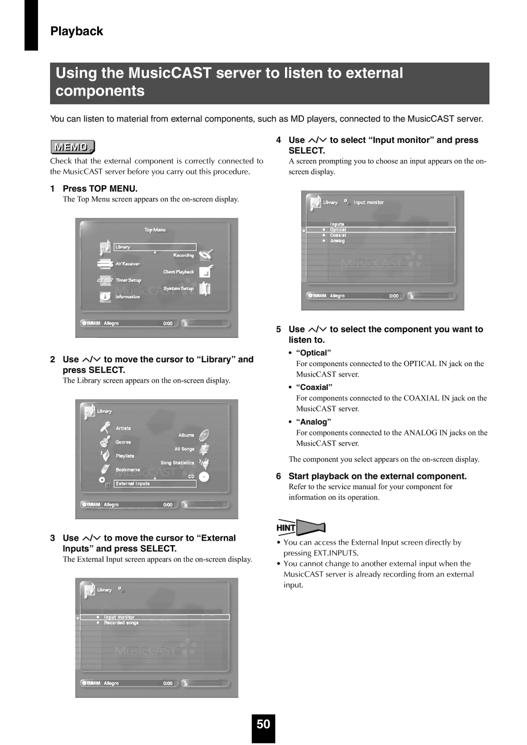 Yamaha mcx-1000 manual Using the MusicCAST server to listen to external components, Use / to select Input monitor and press 