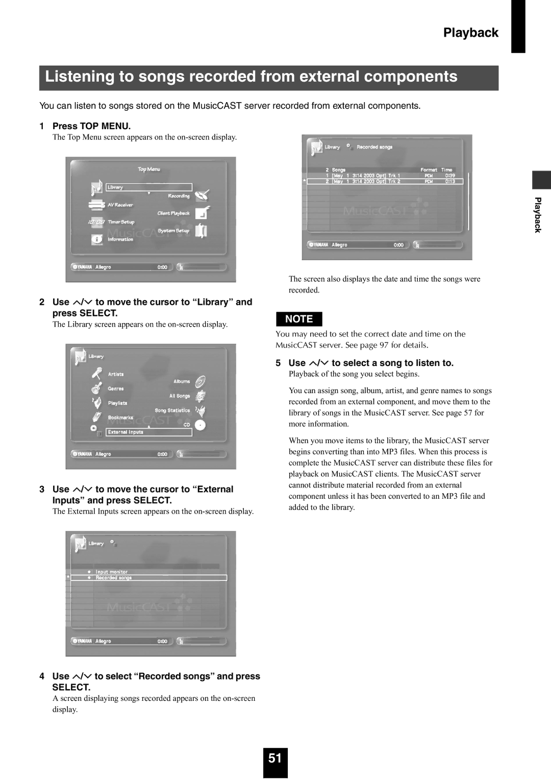 Yamaha mcx-1000 manual Listening to songs recorded from external components, Use / to select a song to listen to 