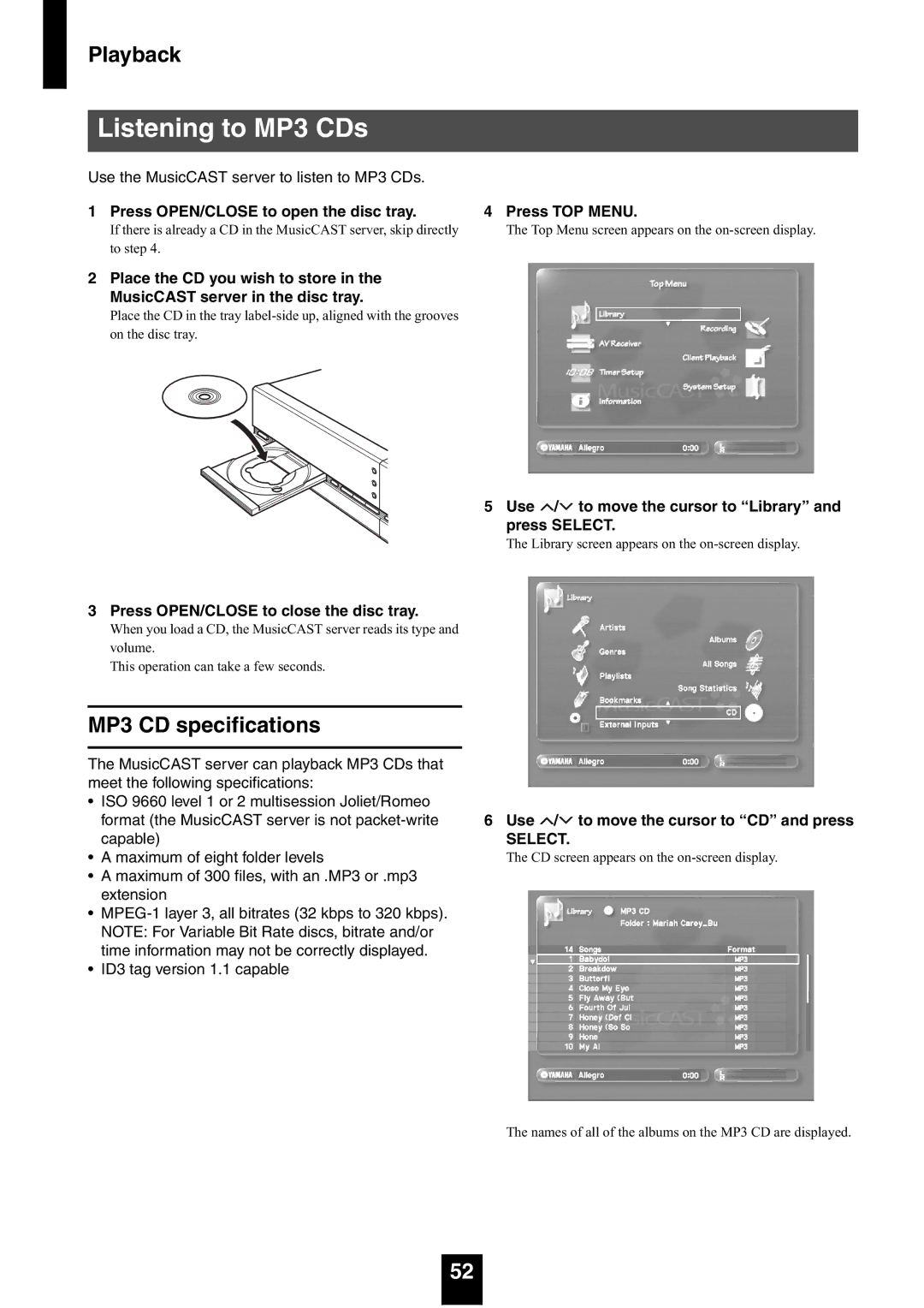 Yamaha mcx-1000 manual Listening to MP3 CDs, MP3 CD specifications, Press OPEN/CLOSE to open the disc tray Press TOP Menu 