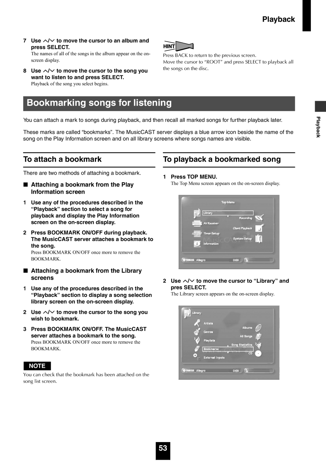 Yamaha mcx-1000 manual Bookmarking songs for listening, To attach a bookmark, To playback a bookmarked song 