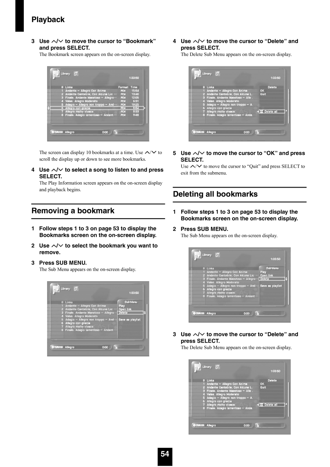 Yamaha mcx-1000 manual Removing a bookmark, Deleting all bookmarks 