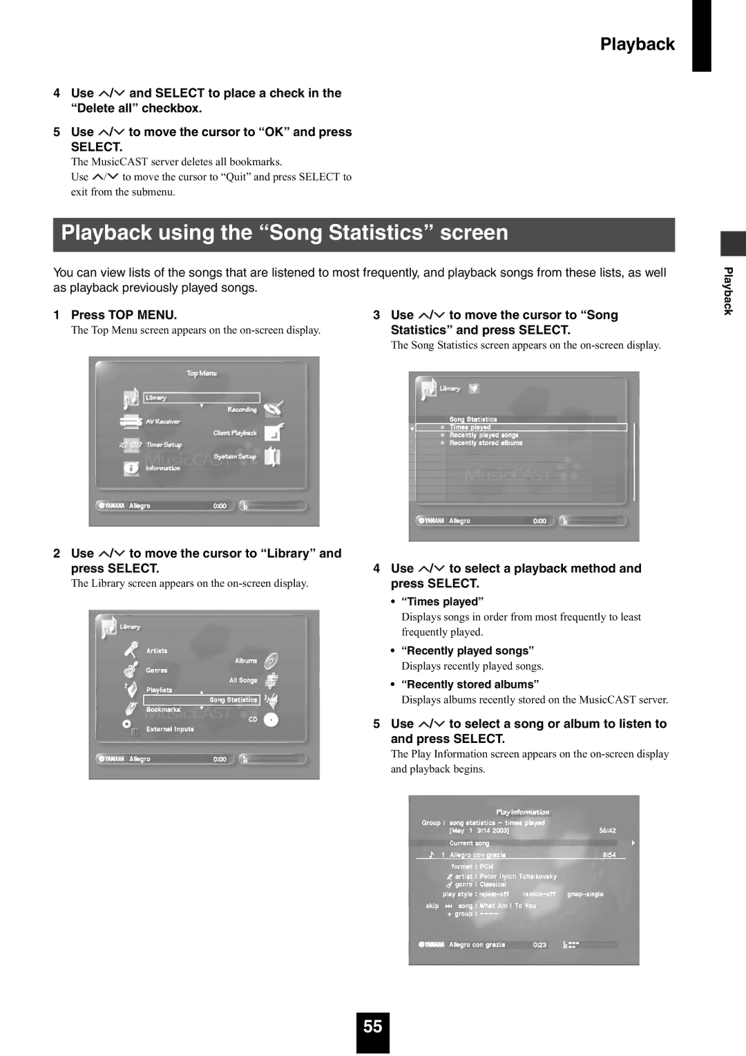 Yamaha mcx-1000 manual Playback using the Song Statistics screen, Press TOP Menu Use / to move the cursor to Song 