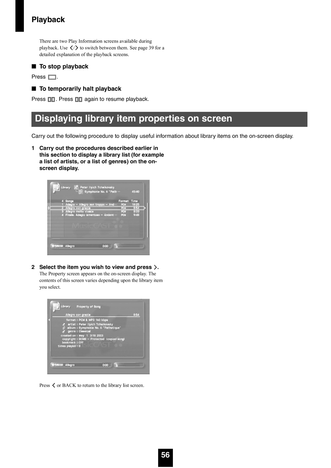 Yamaha mcx-1000 manual Displaying library item properties on screen, To stop playback 