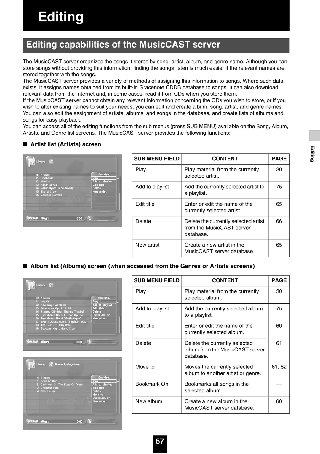 Yamaha mcx-1000 manual Editing capabilities of the MusicCAST server, Artist list Artists screen 