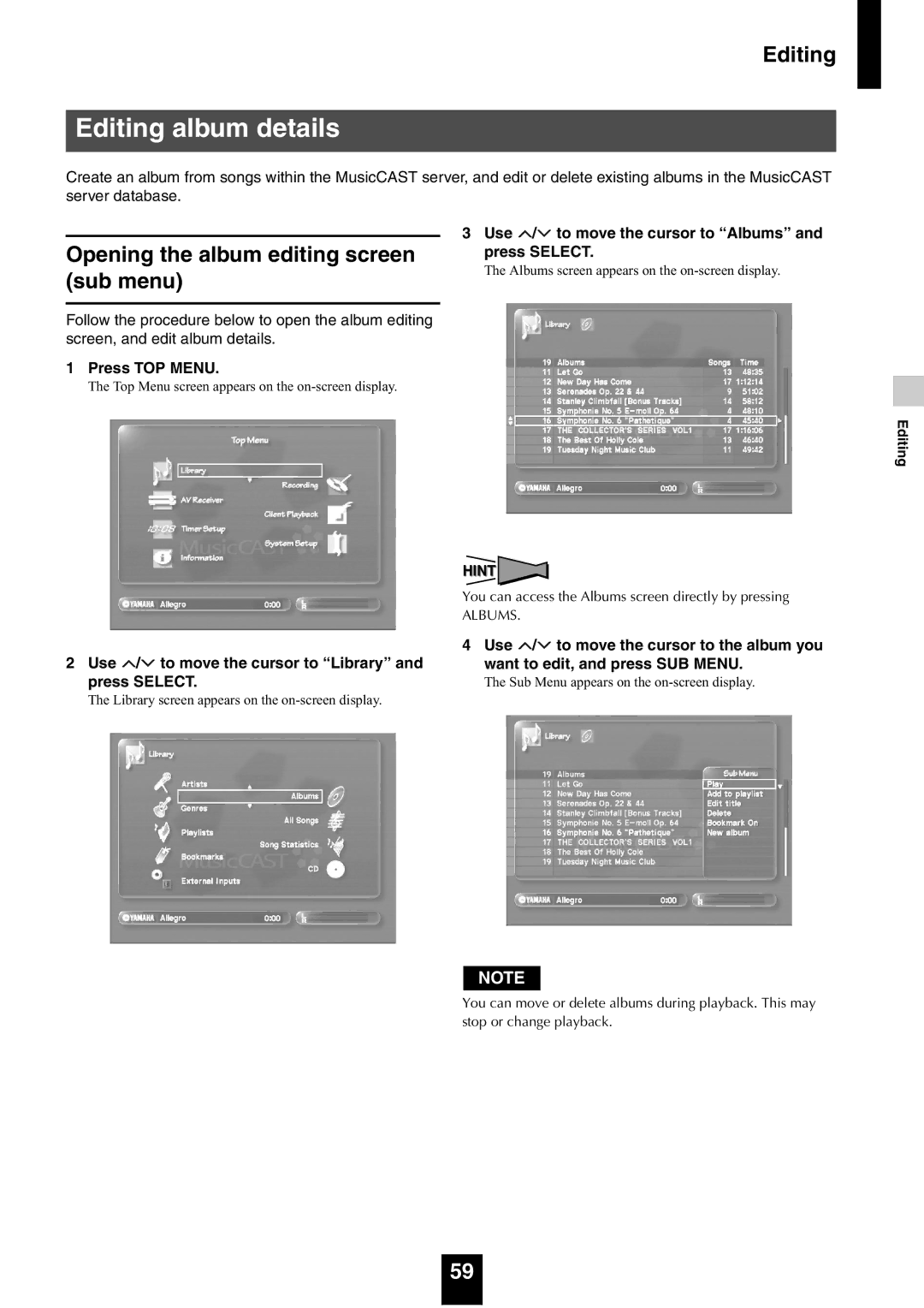 Yamaha mcx-1000 manual Editing album details, Opening the album editing screen sub menu 