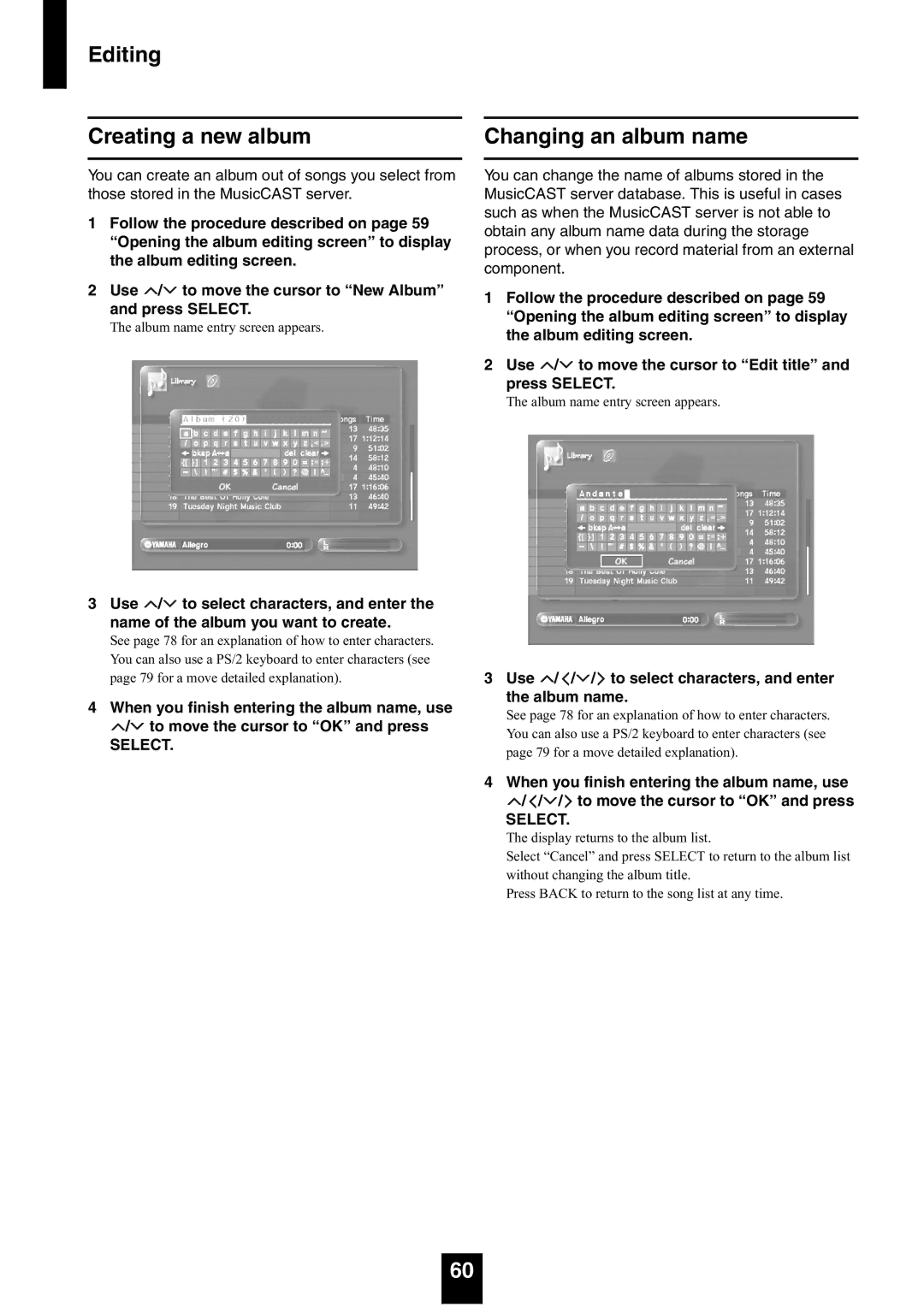 Yamaha mcx-1000 manual Editing Creating a new album, Changing an album name 