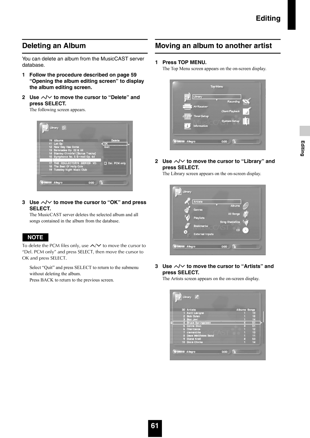 Yamaha mcx-1000 manual Deleting an Album, Editing Moving an album to another artist 