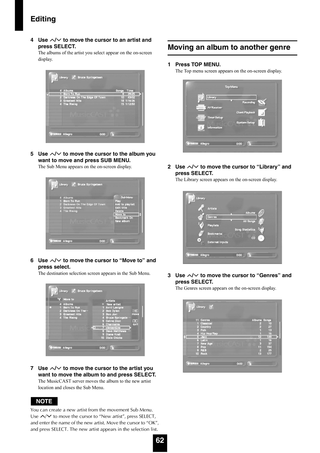 Yamaha mcx-1000 manual Moving an album to another genre, Use / to move the cursor to an artist and press Select 