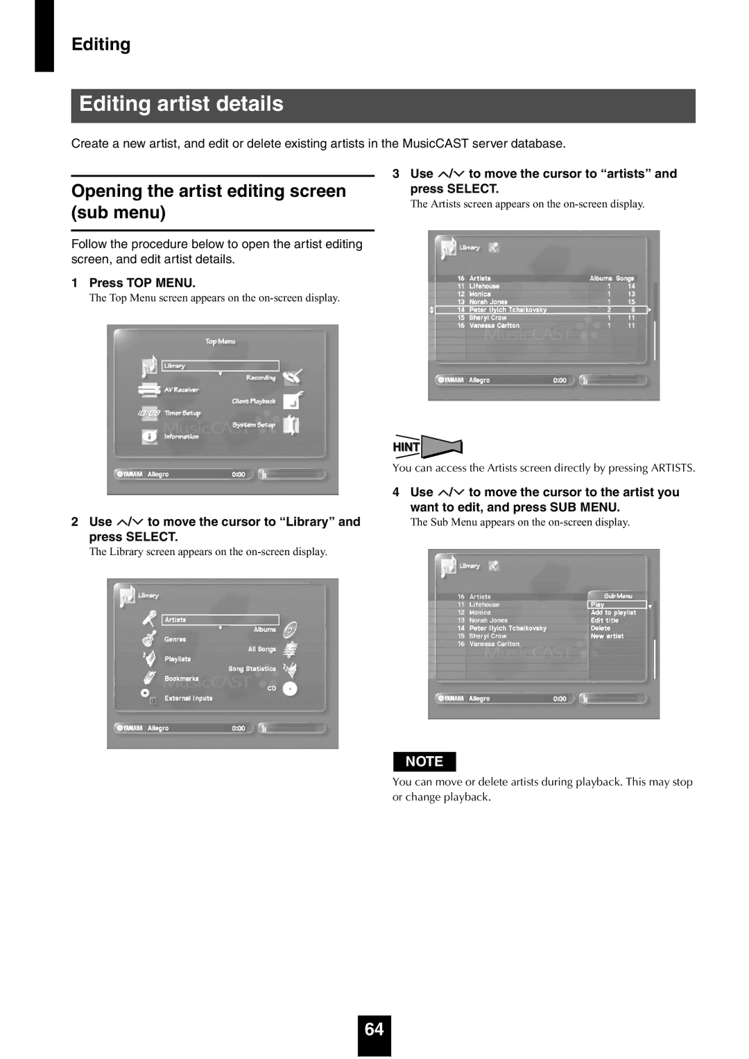 Yamaha mcx-1000 manual Editing artist details, Opening the artist editing screen sub menu 