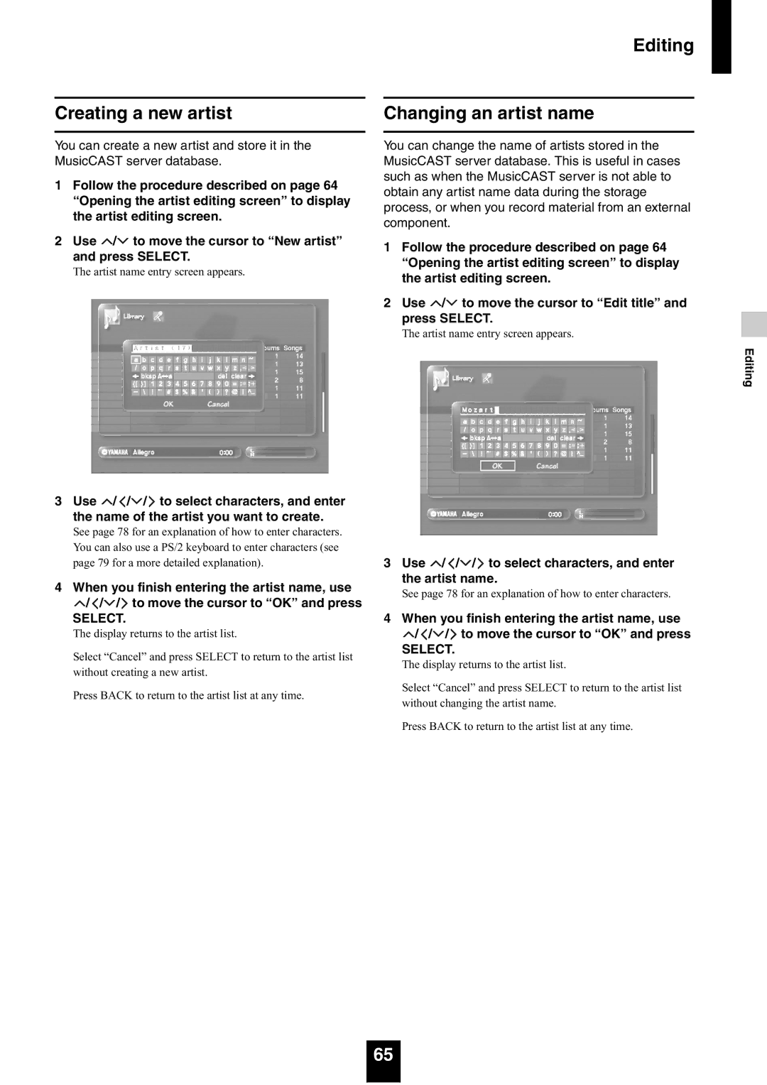 Yamaha mcx-1000 manual Editing Creating a new artist, Use / / / to select characters, and enter the artist name 