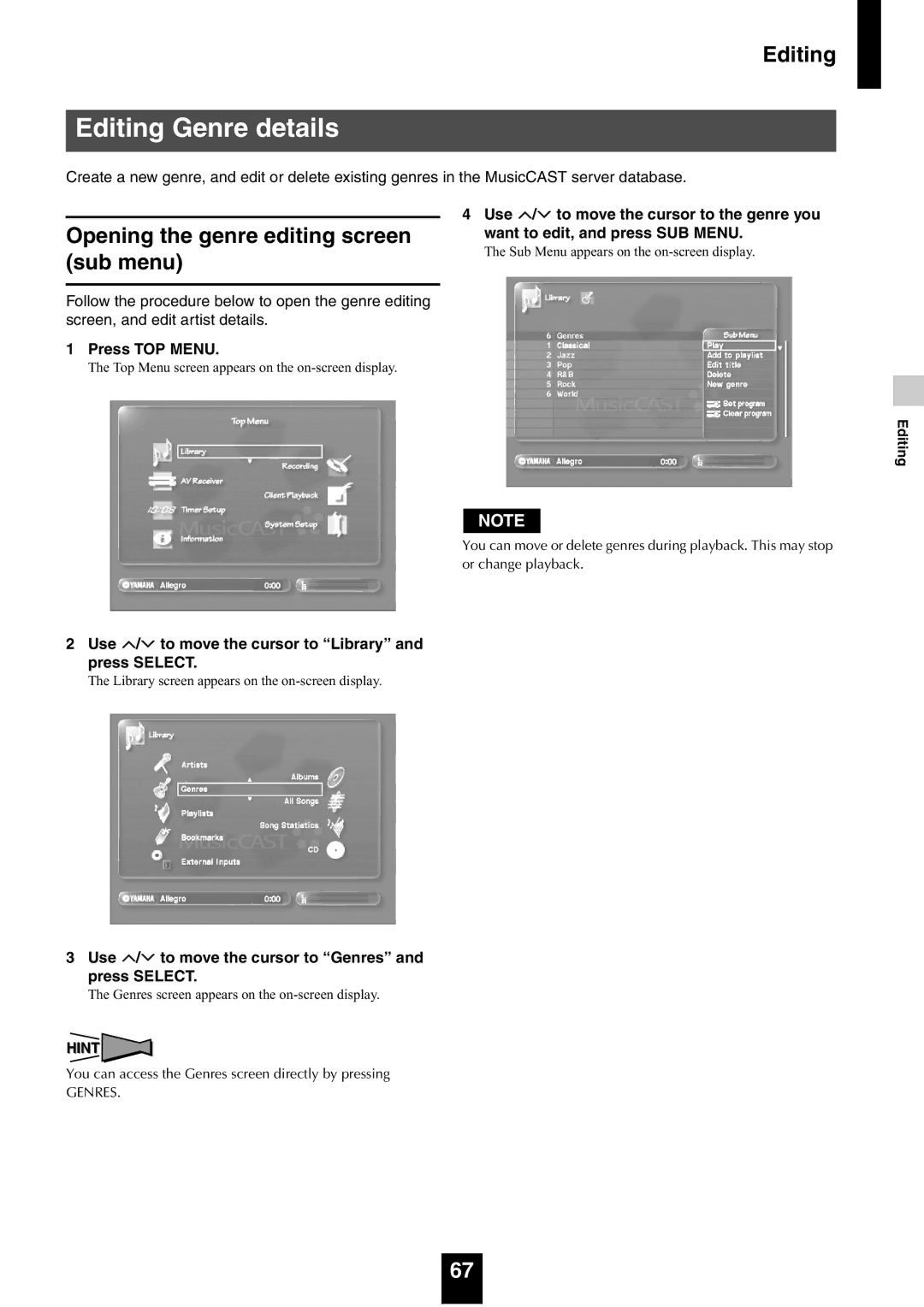 Yamaha mcx-1000 manual Editing Genre details, Opening the genre editing screen sub menu 