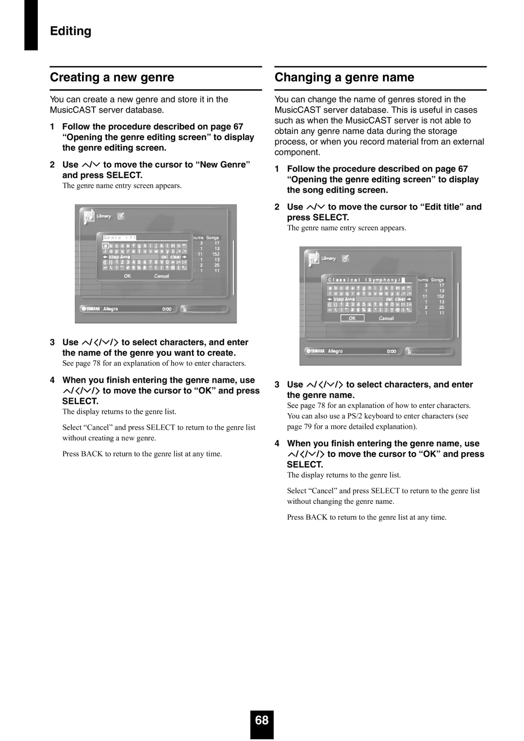 Yamaha mcx-1000 manual Editing Creating a new genre, Changing a genre name 